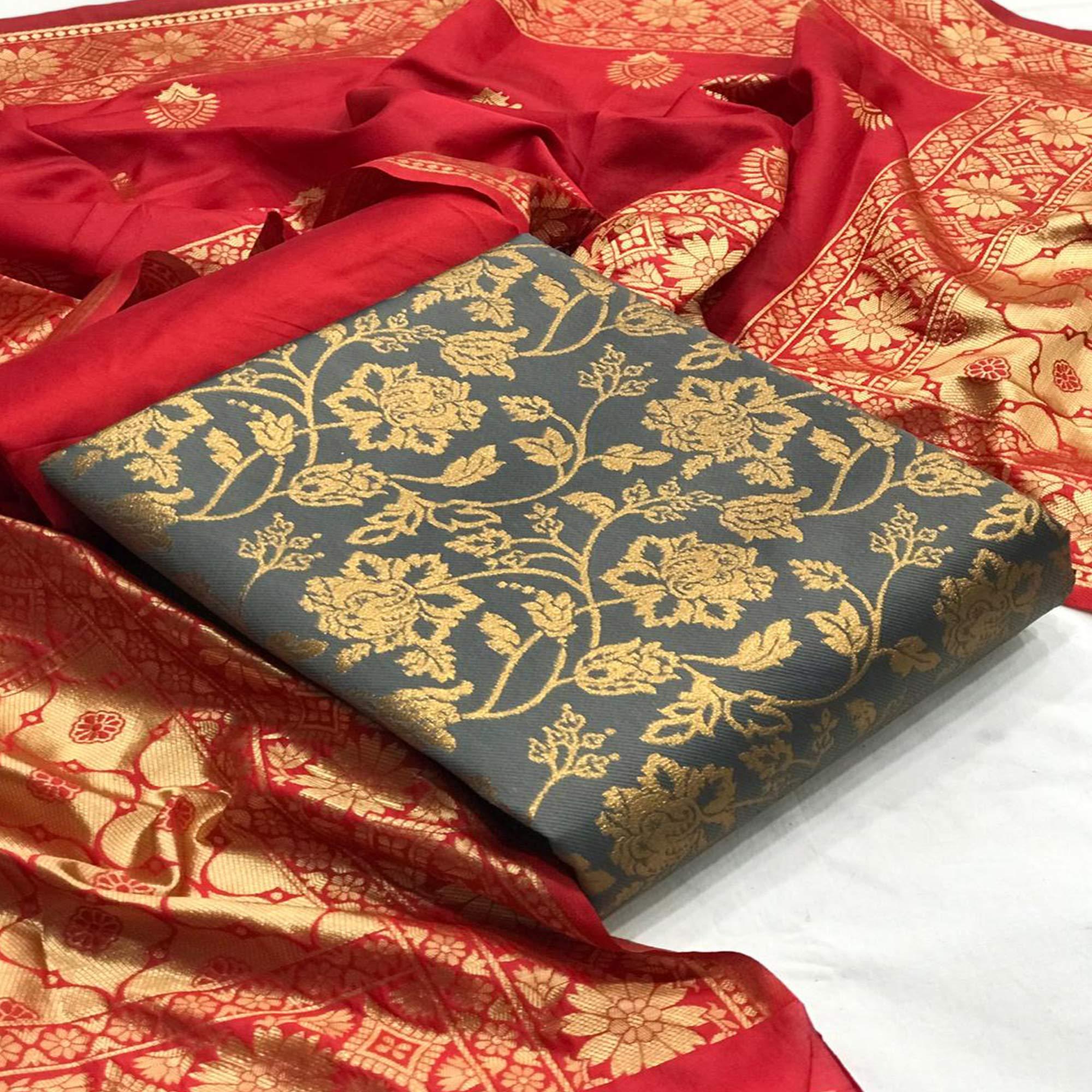 Engrossing Silver Colored Casual Woven Banarasi Silk Dress Material - Peachmode