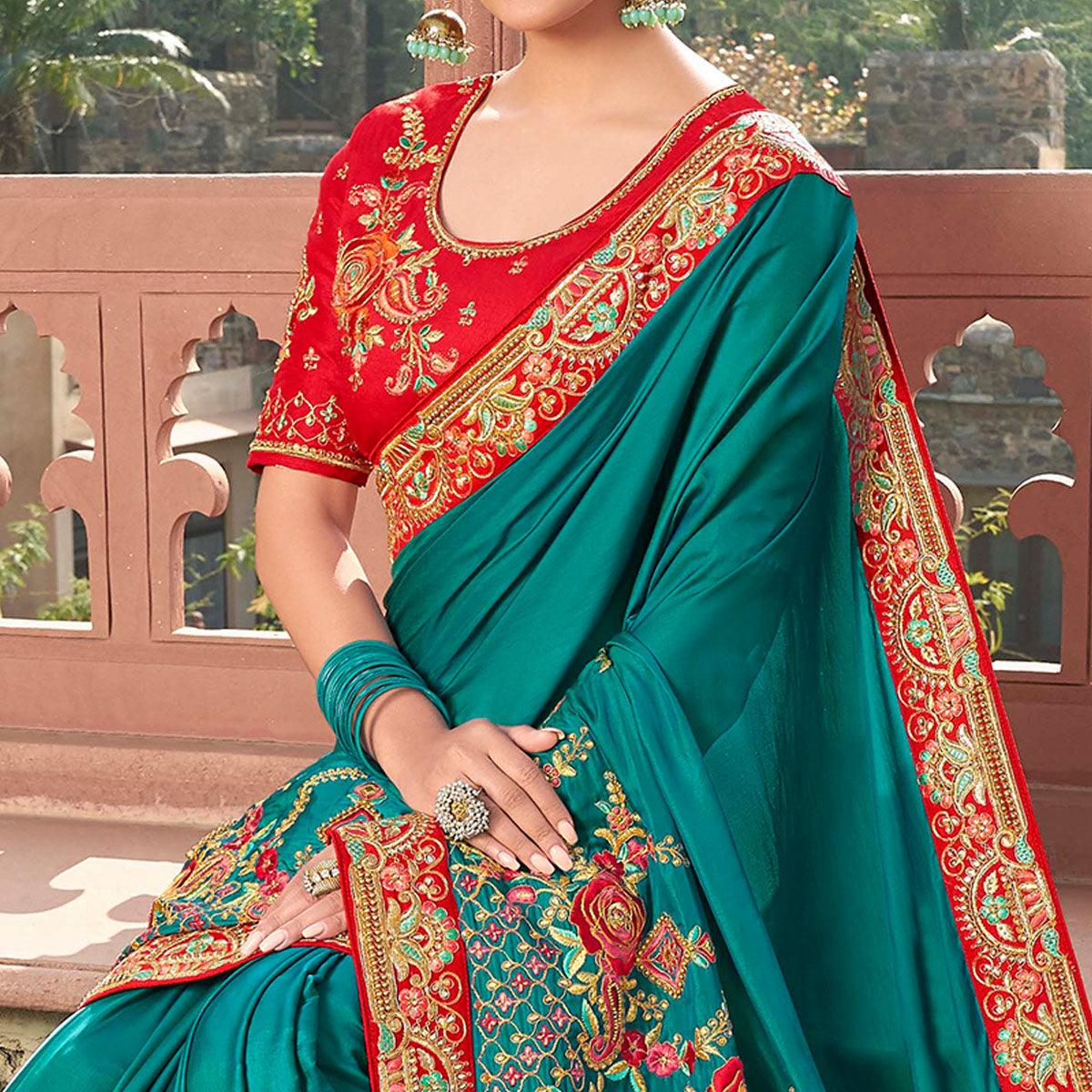 Engrossing Turquoise Blue Colored Partywear Embroidered Satin - Gerogette Saree - Peachmode
