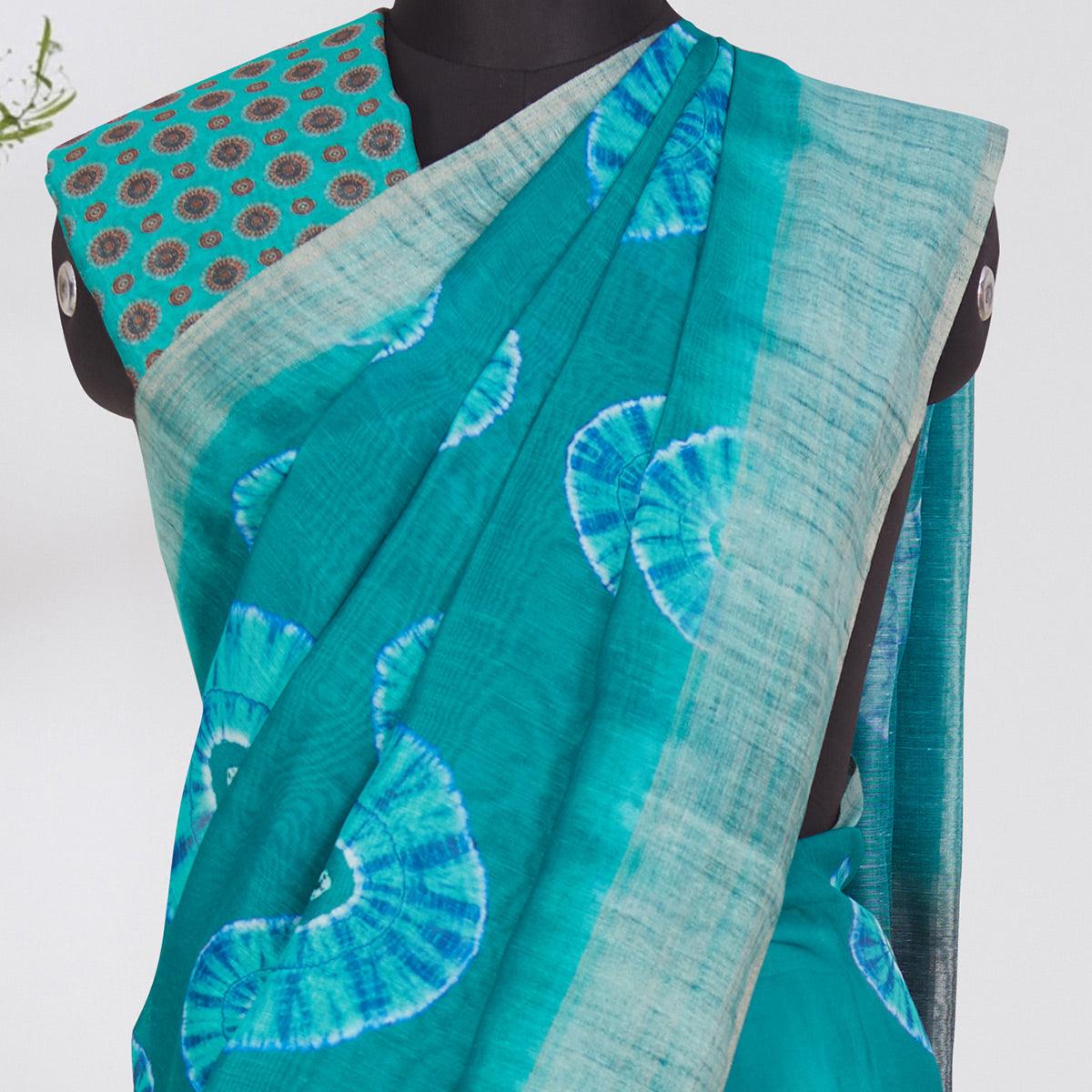 Engrossing Turquoise Coloured Casual Wear Printed Linen Saree - Peachmode