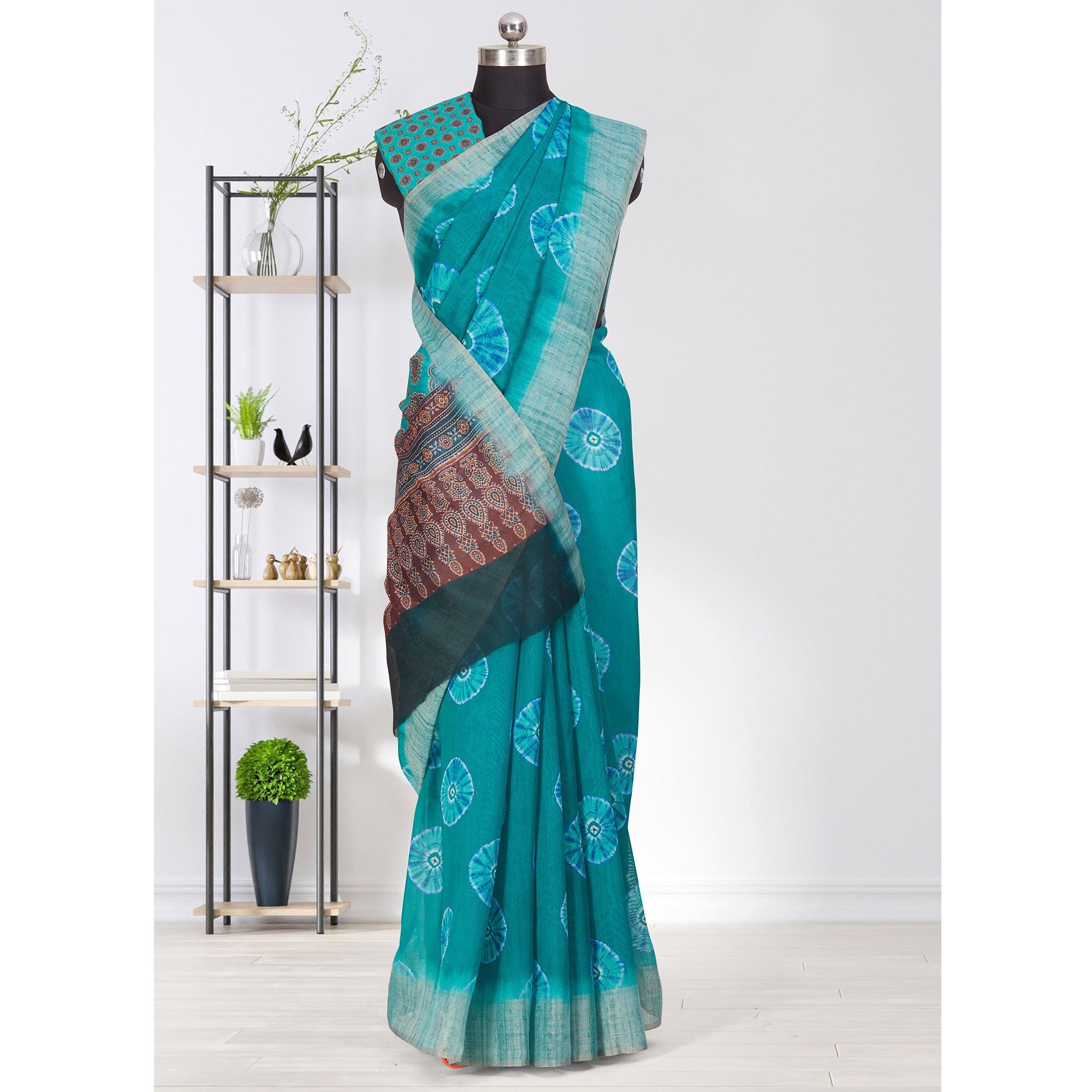 Engrossing Turquoise Coloured Casual Wear Printed Linen Saree - Peachmode