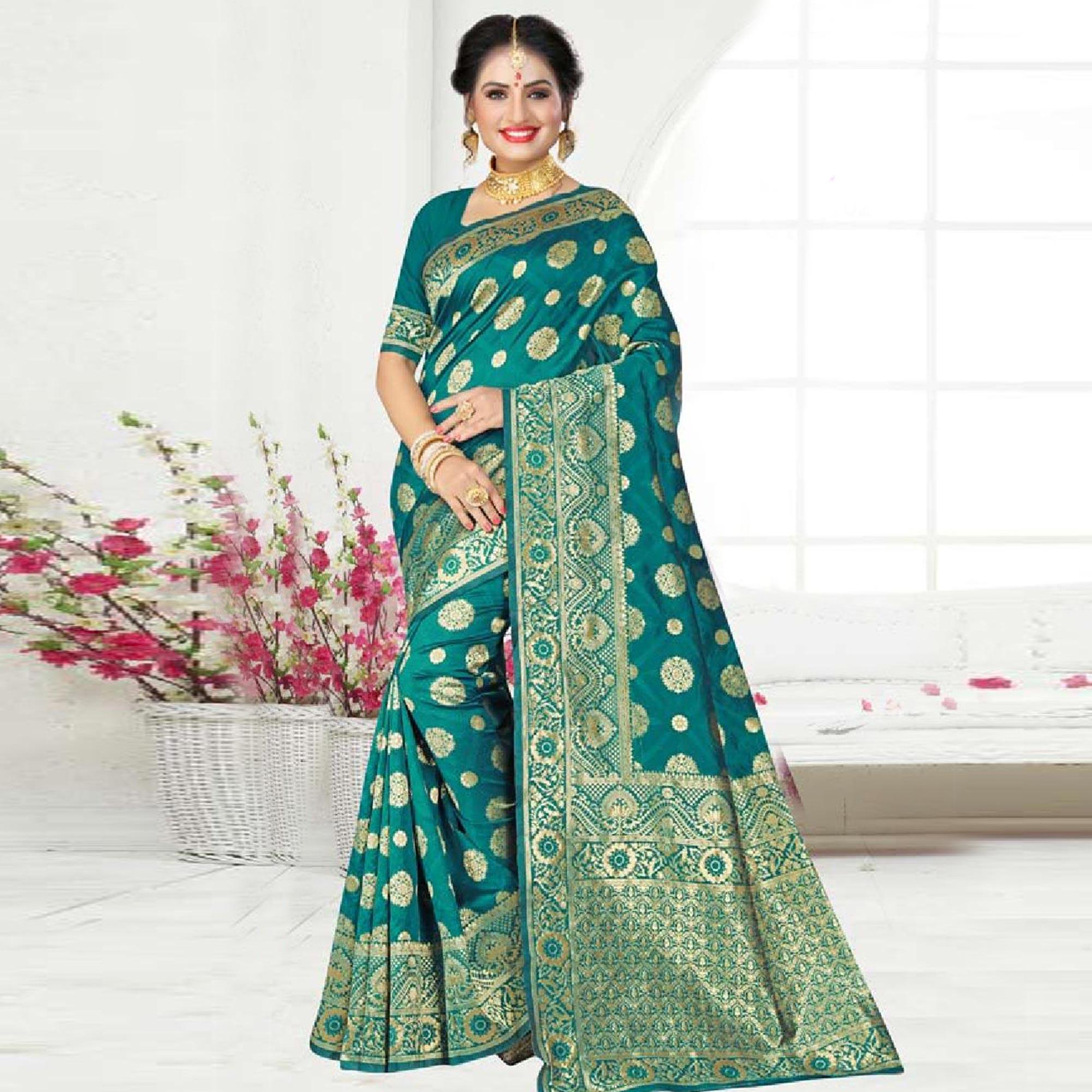 Engrossing Turquoise Green Colored Festive Wear Woven Art Silk Saree - Peachmode