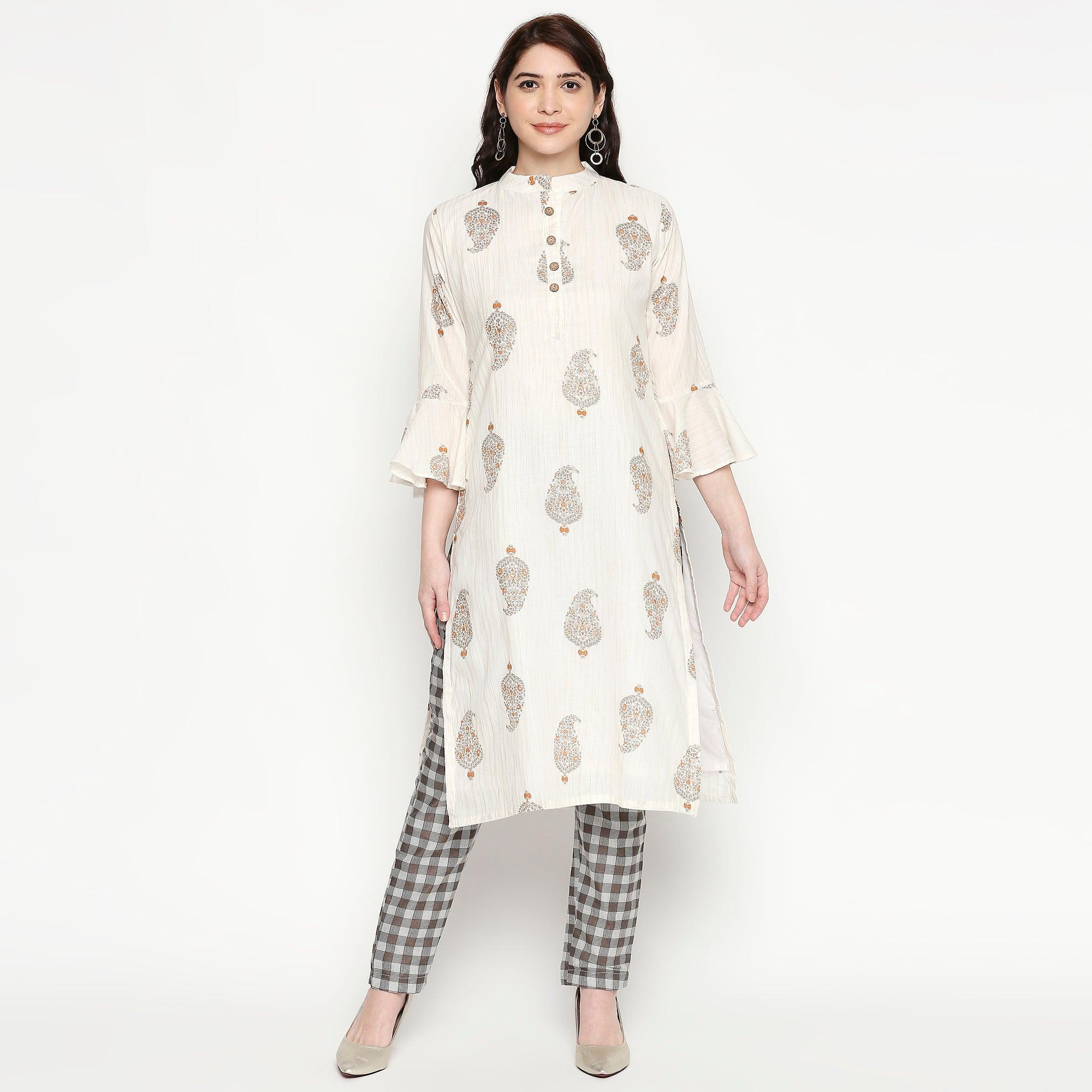Engrossing White Colored Casual Wear Printed Cotton Kurti-Pant Set - Peachmode