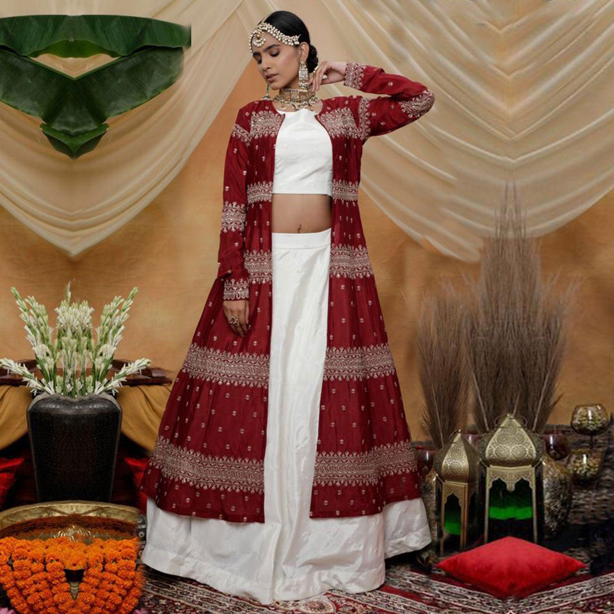 Engrossing White-Maroon Colored Party Wear Embroidered Chinon Art Silk Lehenga Choli - Peachmode