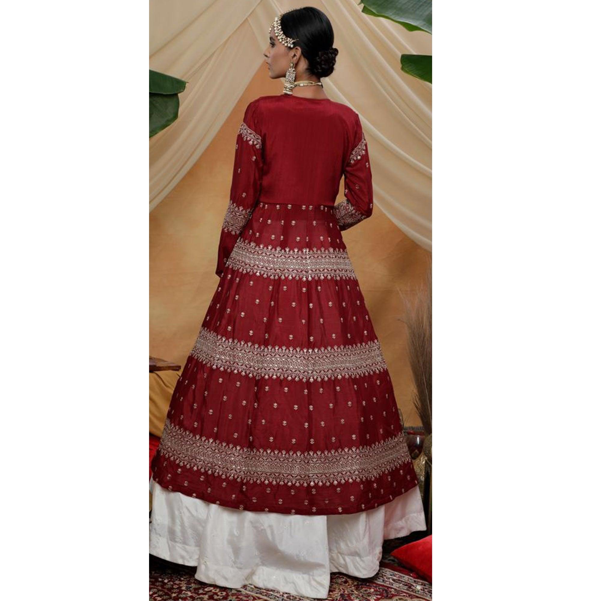 Engrossing White-Maroon Colored Party Wear Embroidered Chinon Art Silk Lehenga Choli - Peachmode