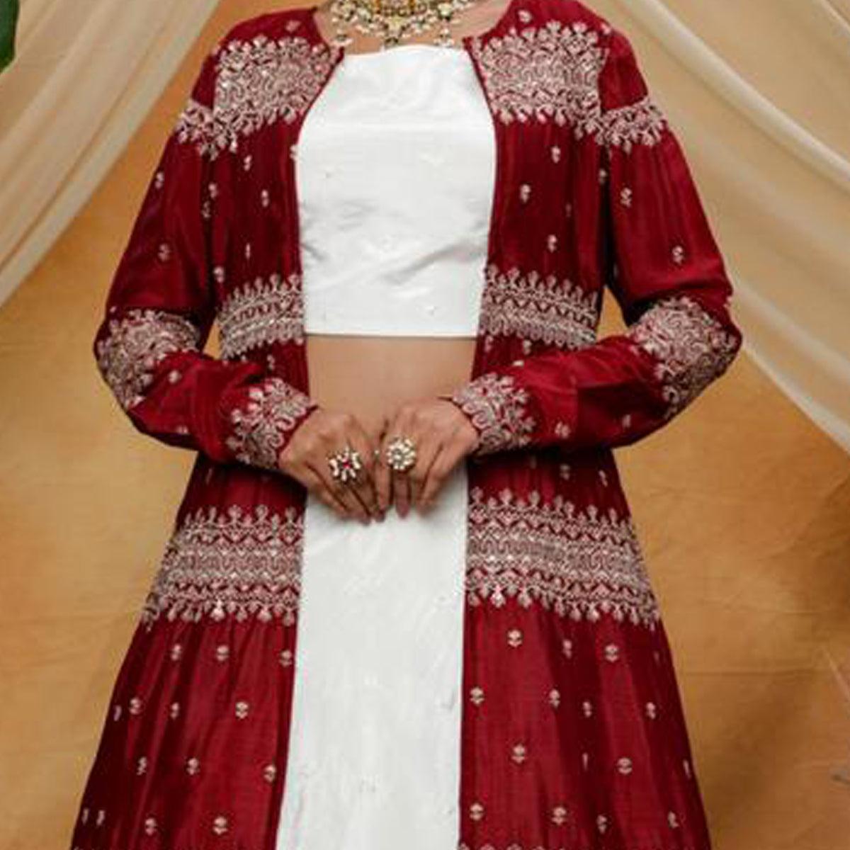 Engrossing White-Maroon Colored Party Wear Embroidered Chinon Art Silk Lehenga Choli - Peachmode
