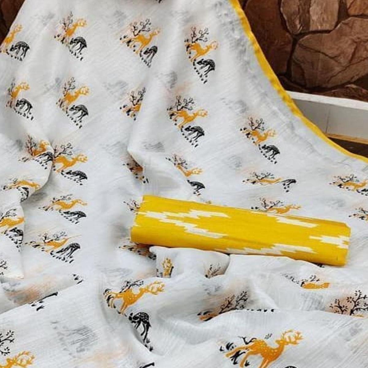 Engrossing White - Yellow Colored Casual Wear Digital Printed Linen Saree - Peachmode