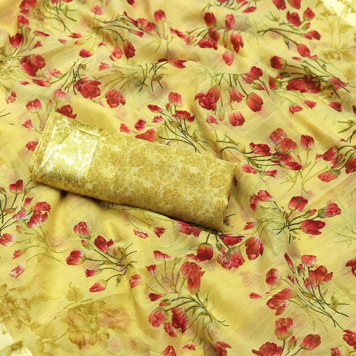 Engrossing Yellow Colored Casual Wear Floral Printed Cotton Blend Saree - Peachmode