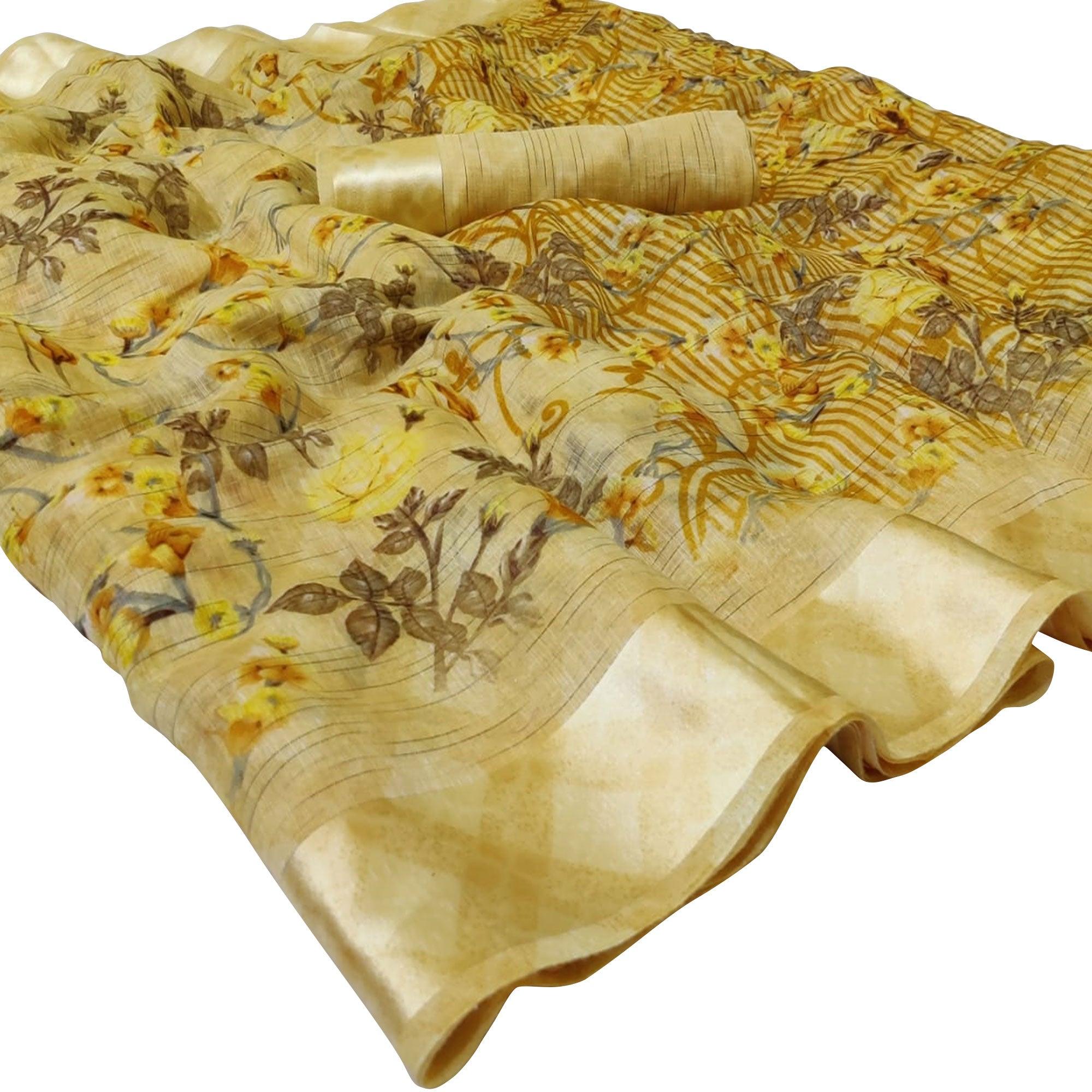 Engrossing Yellow Colored Casual Wear Floral Printed Linen Saree - Peachmode