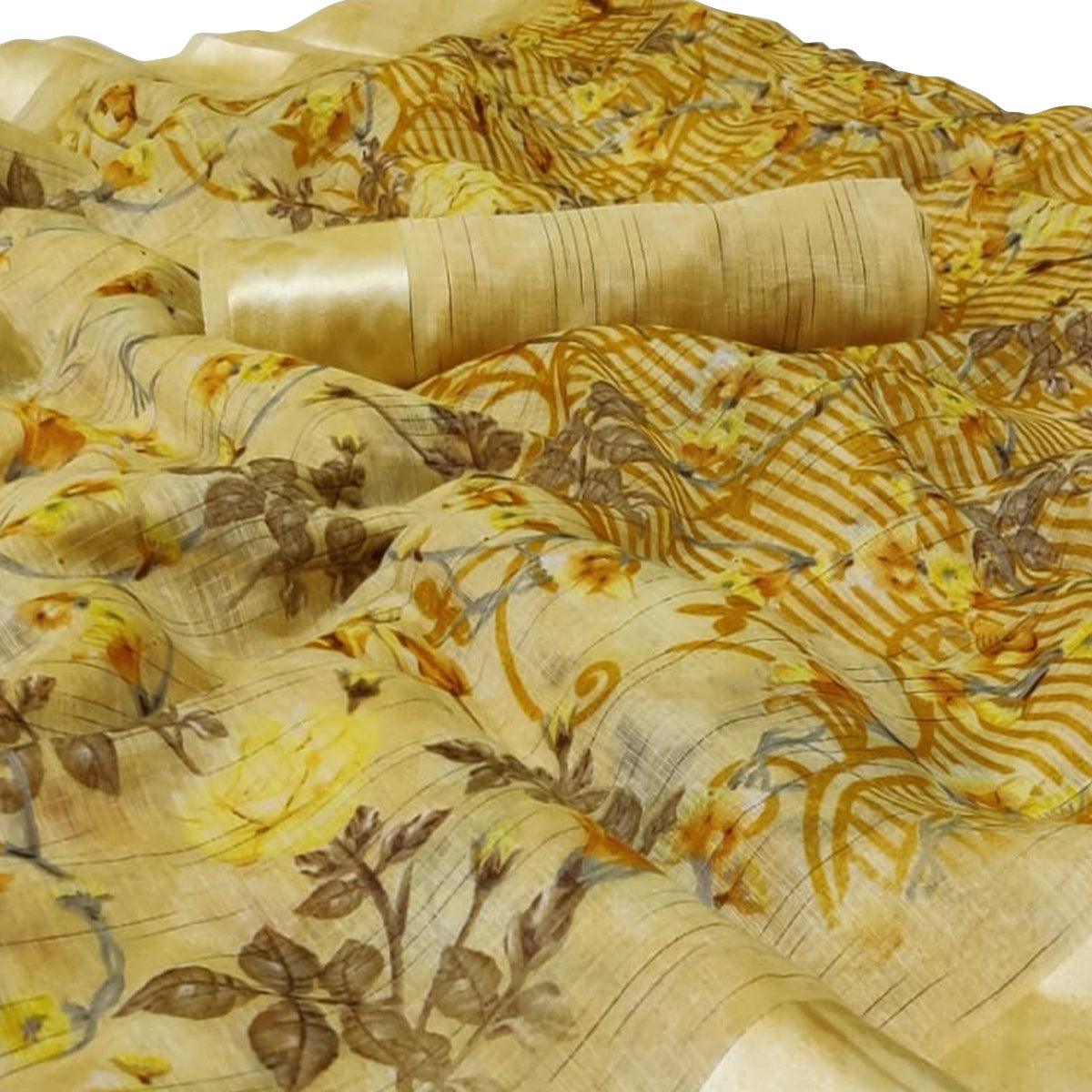 Engrossing Yellow Colored Casual Wear Floral Printed Linen Saree - Peachmode