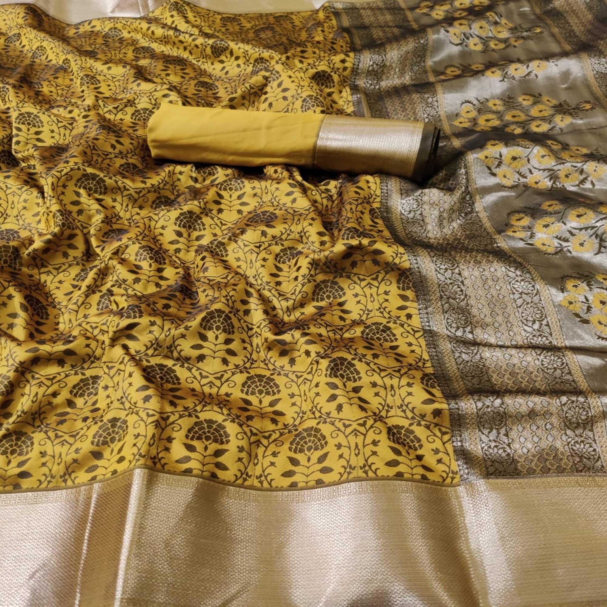 Engrossing Yellow Colored Festive Wear Woven Heavy Silk Saree - Peachmode