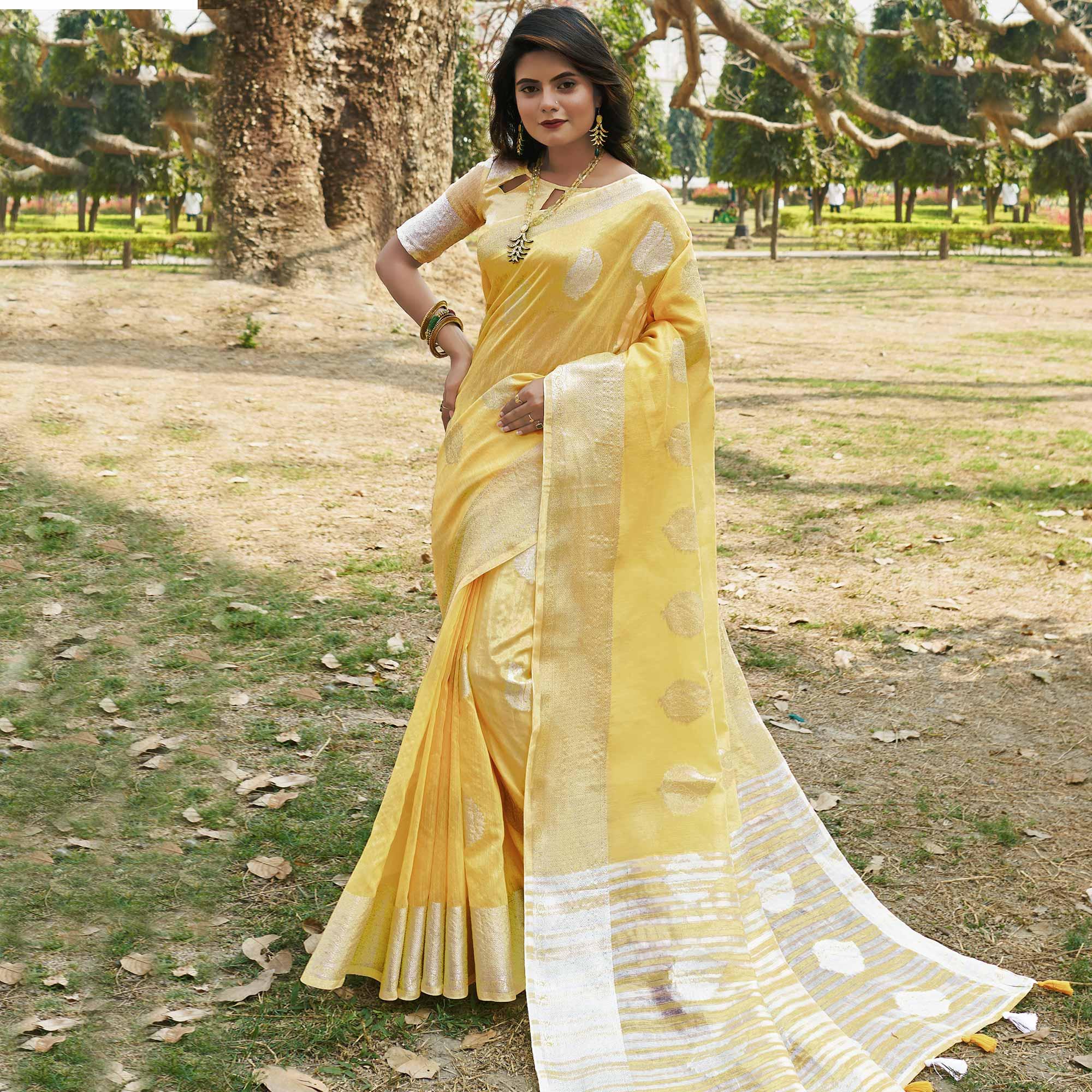 Engrossing Yellow Colored Festive Wear Woven Linen Cotton Saree - Peachmode