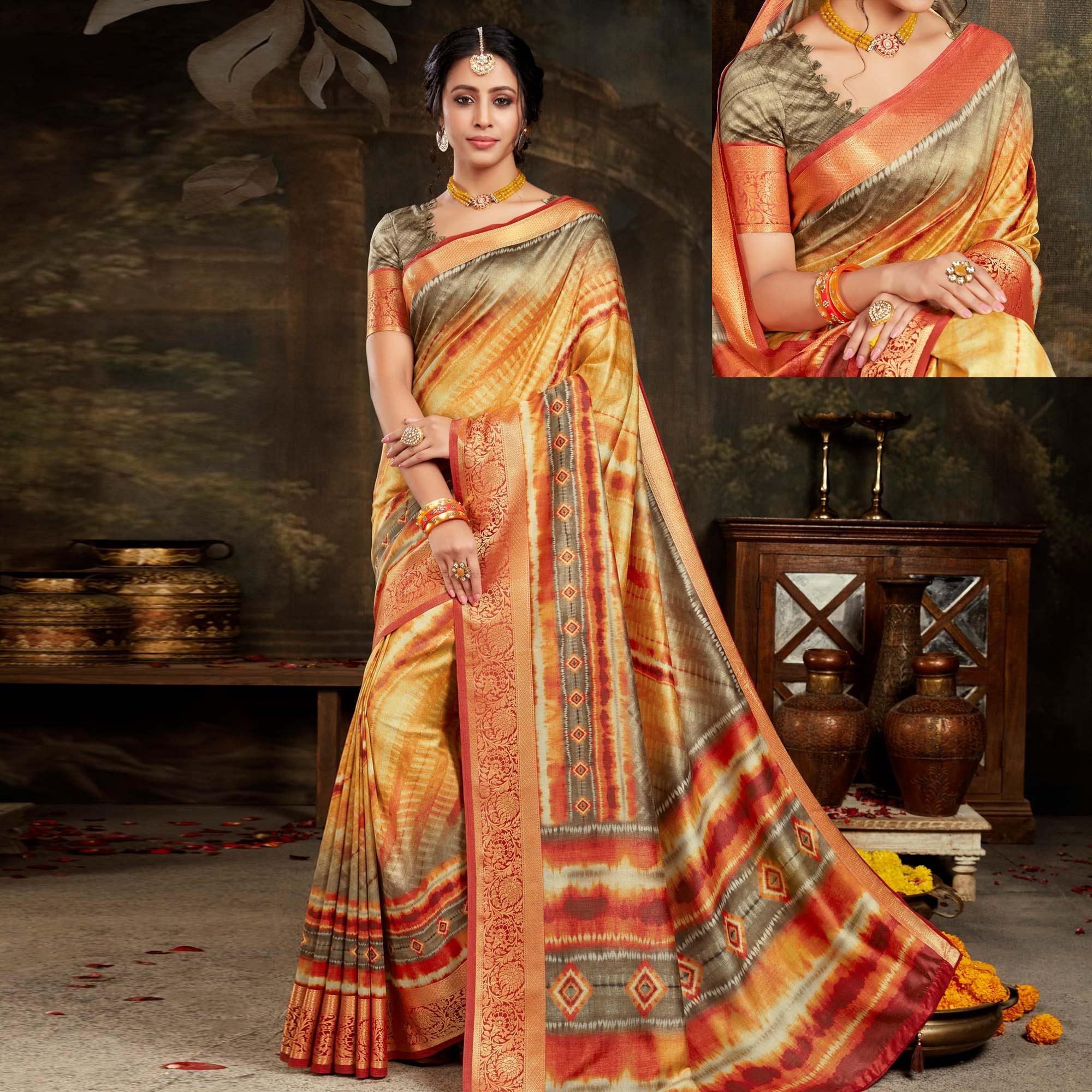 Engrossing Yellow - Multi Colored Festive Wear Woven Silk Saree - Peachmode