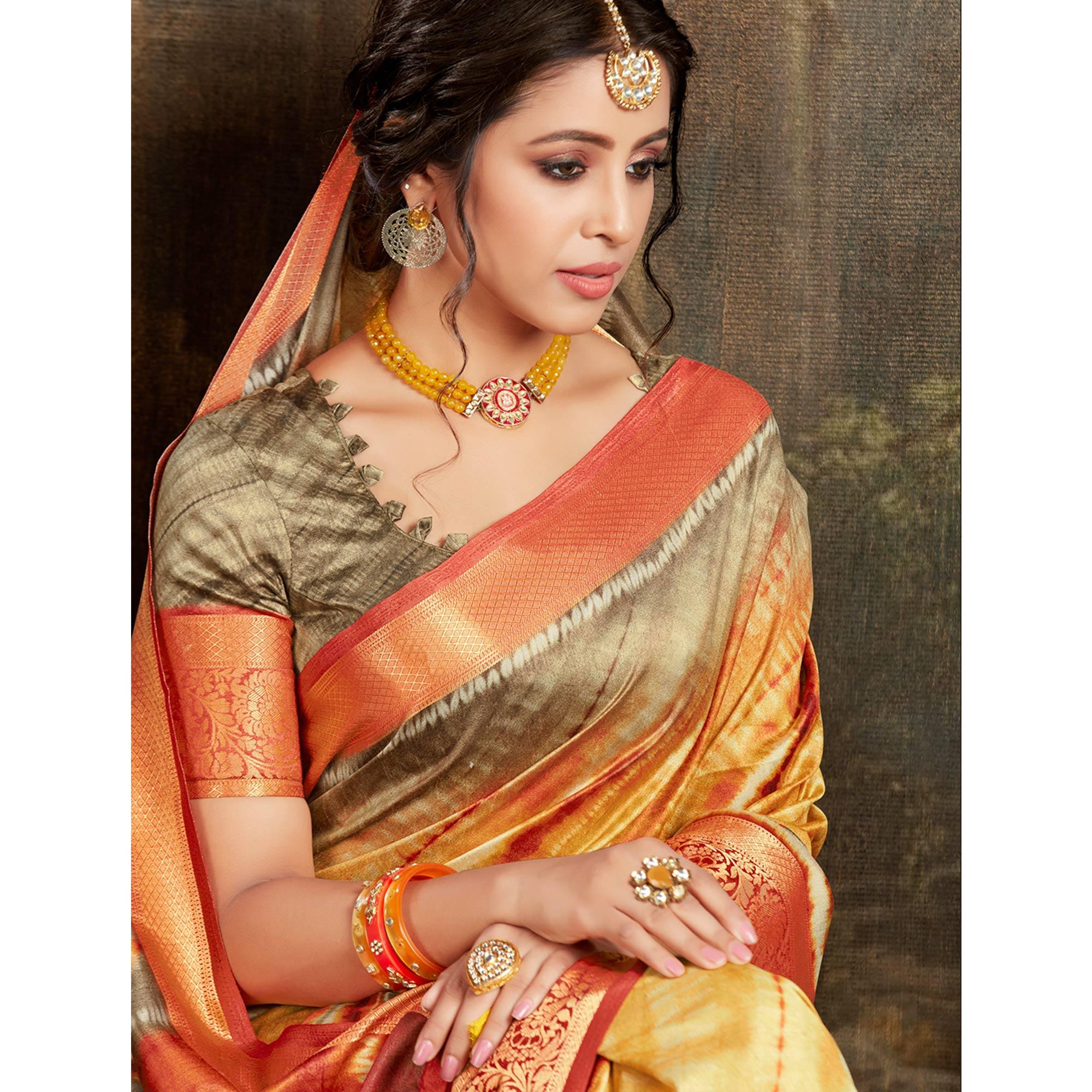 Engrossing Yellow - Multi Colored Festive Wear Woven Silk Saree - Peachmode