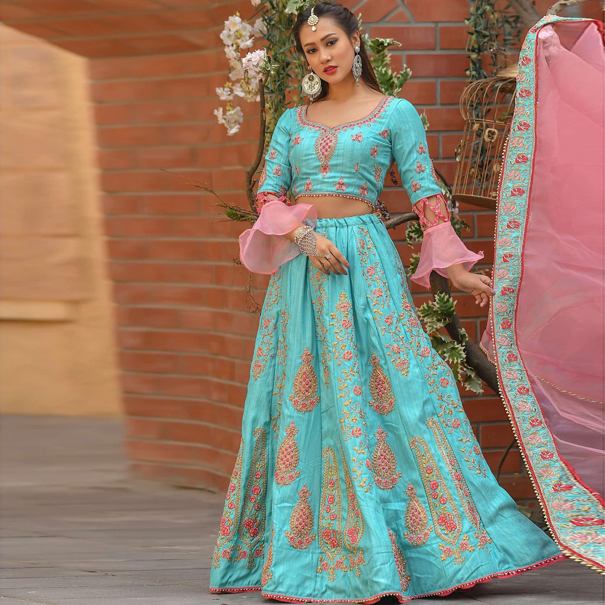 Entrancing Baby Blue Colored Partywear Embroidered Silk Lehenga Choli - Peachmode