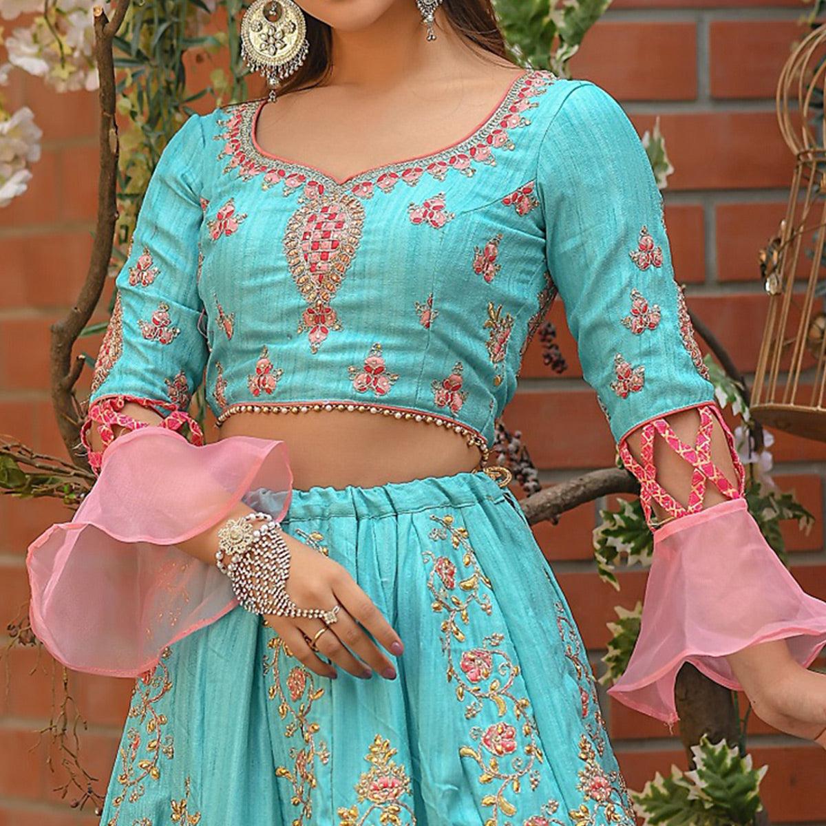 Entrancing Baby Blue Colored Partywear Embroidered Silk Lehenga Choli - Peachmode