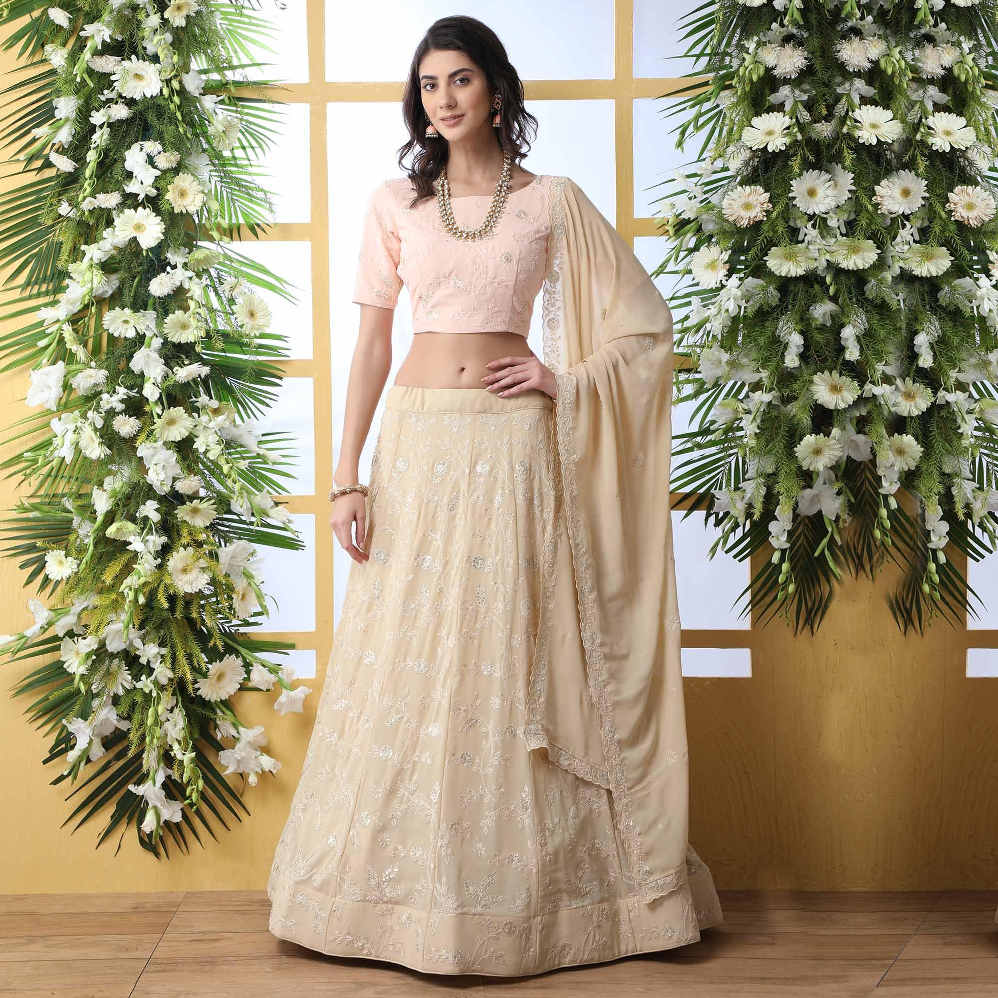 Entrancing Beige Colored Party Wear Embroidered Georgette Legenga Choli - Peachmode