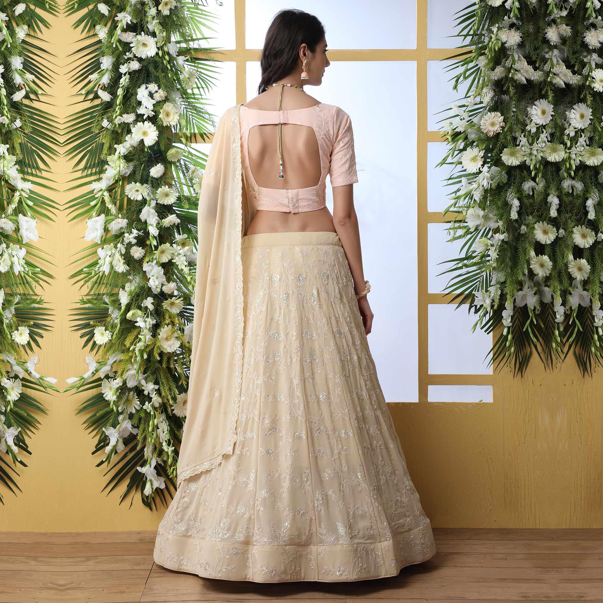 Entrancing Beige Colored Party Wear Embroidered Georgette Legenga Choli - Peachmode
