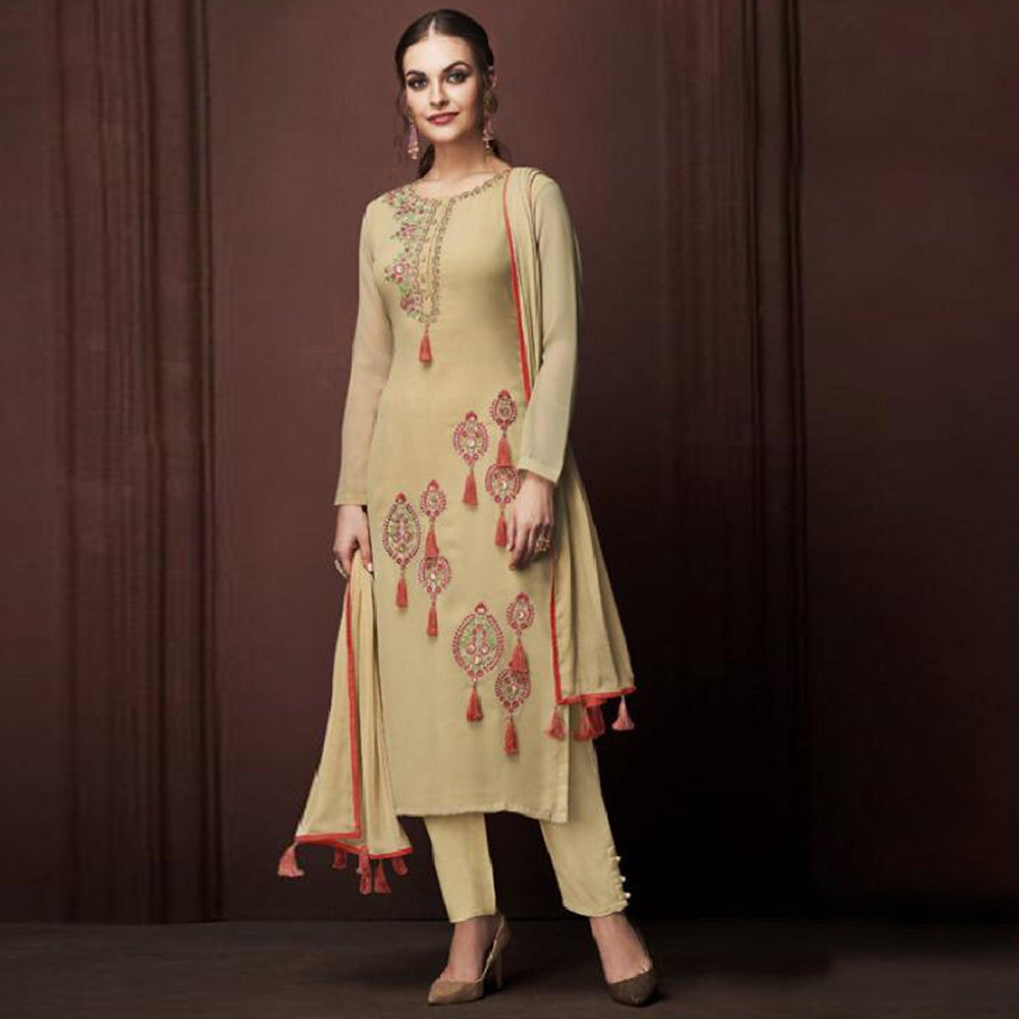 Entrancing Beige Colored Partywear Embroidered Georgette Suit - Peachmode