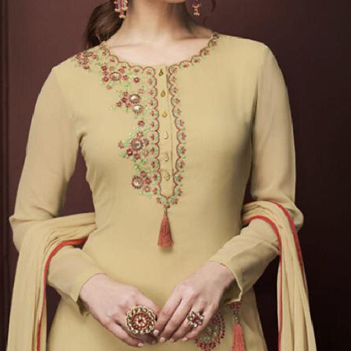 Entrancing Beige Colored Partywear Embroidered Georgette Suit - Peachmode