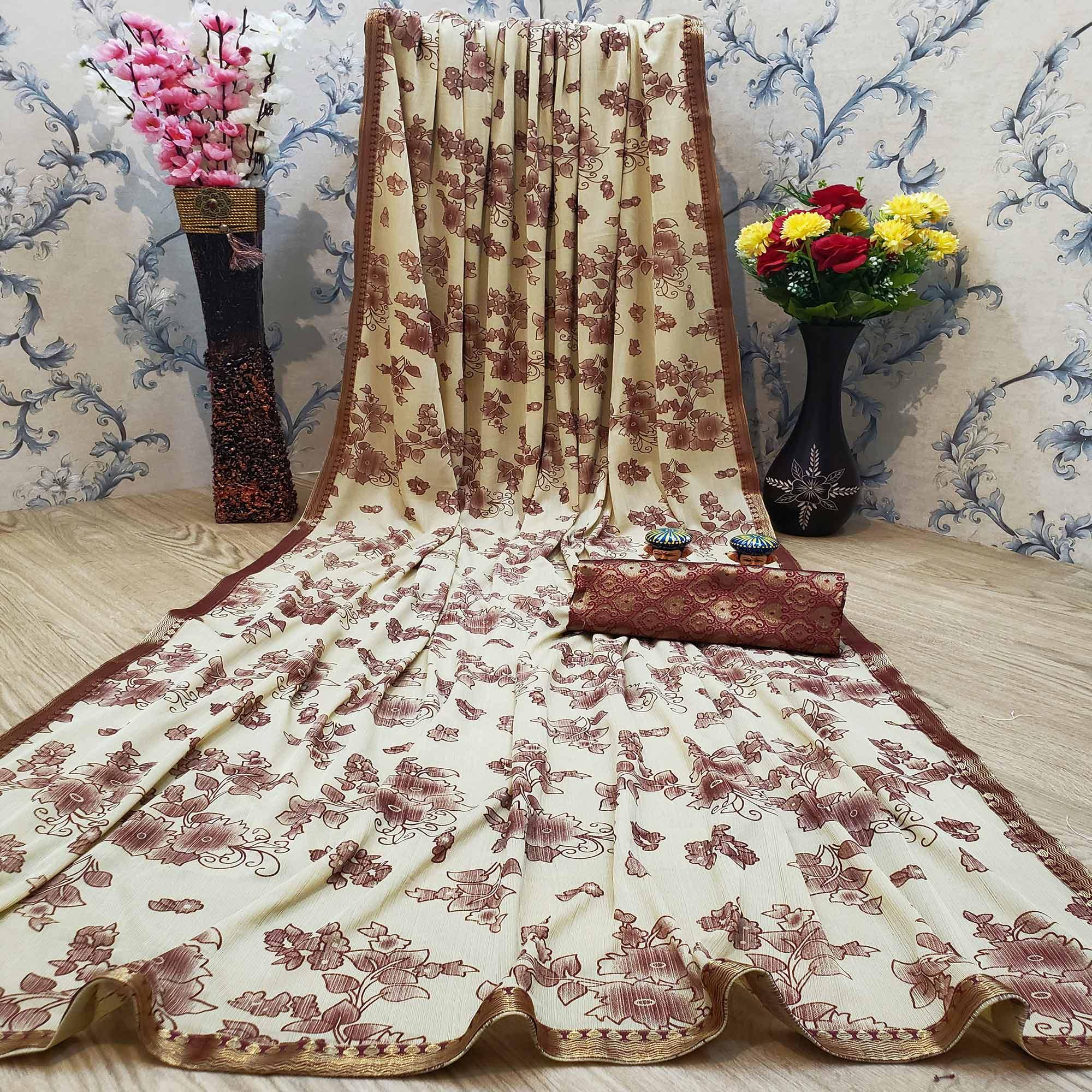 Entrancing Beige Coloured Casual Wear Printed Art Silk Saree - Peachmode
