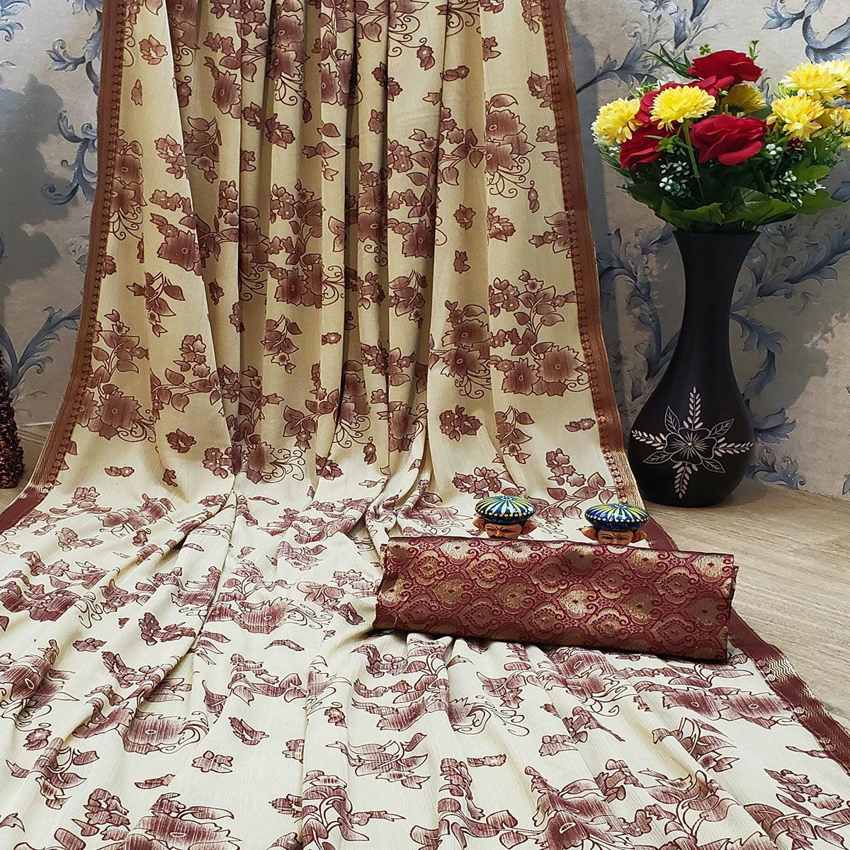 Entrancing Beige Coloured Casual Wear Printed Art Silk Saree - Peachmode