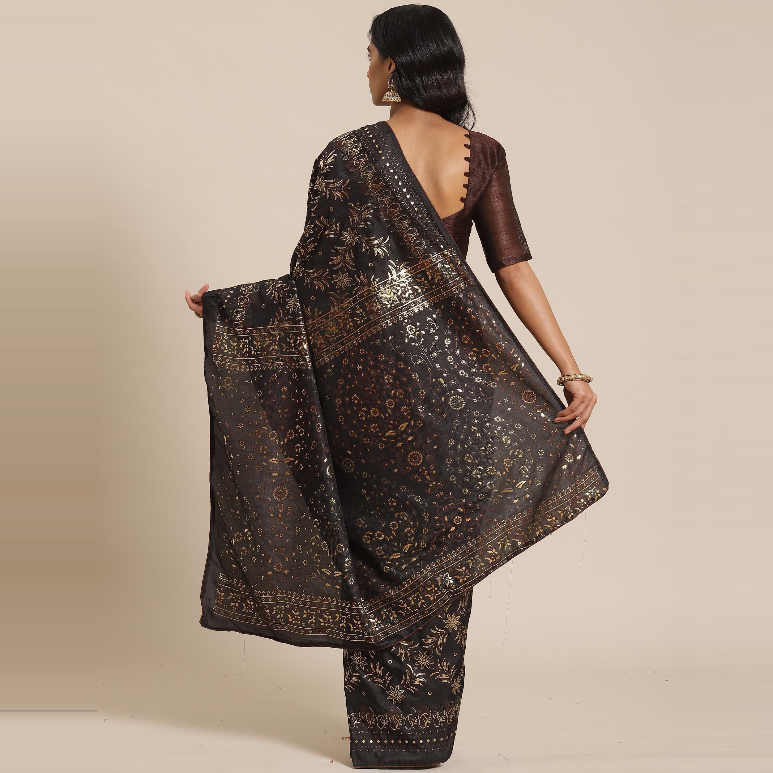 Entrancing Black Colored Casual Wear Printed Silk Blend Saree - Peachmode