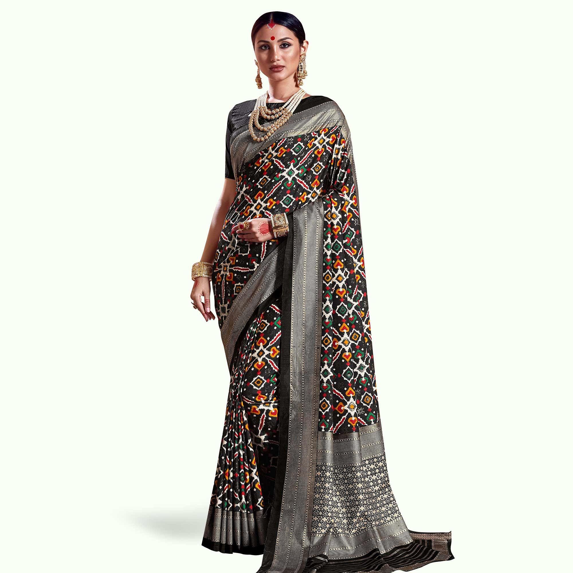 Entrancing Black Colored Festive Wear Printed Kanjivaram Silk Saree - Peachmode