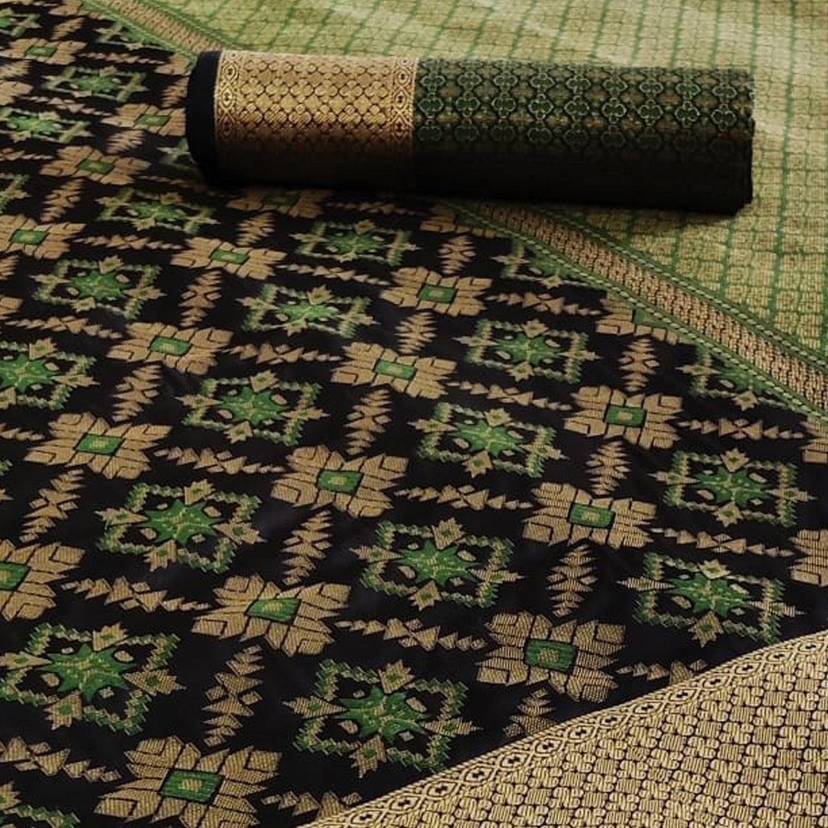 Entrancing Black Colored Festive Wear Woven Silk Saree - Peachmode