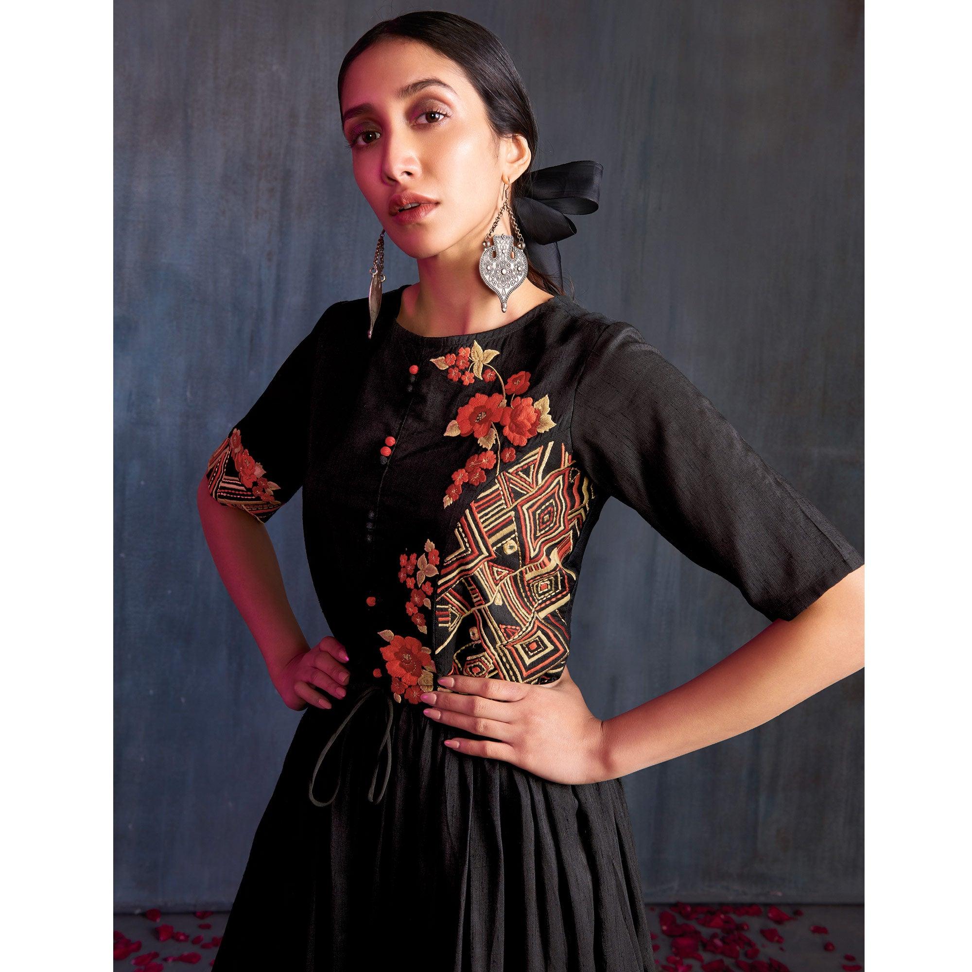 Entrancing Black-Red Colored Partywear Embroidered Viscose Gown - Peachmode