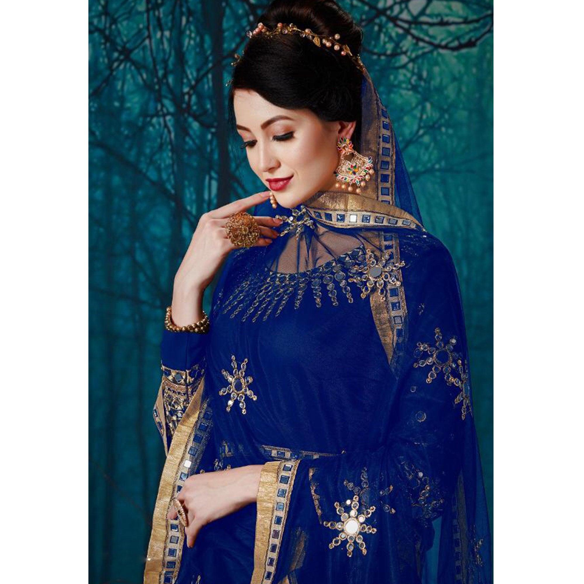 Entrancing Blue Colored Partywear Embroidered Georgette Anarkali Suit - Peachmode