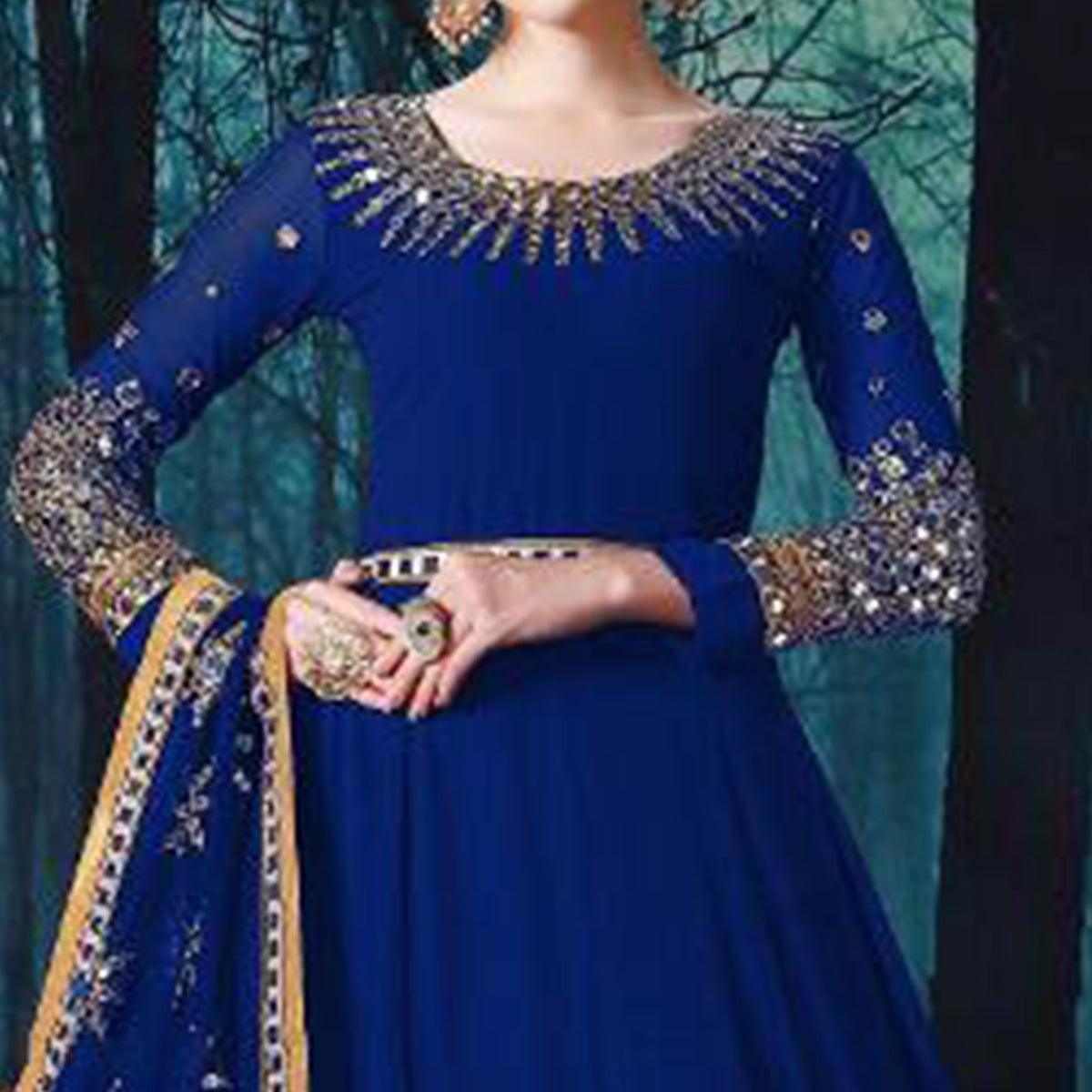 Entrancing Blue Colored Partywear Embroidered Georgette Anarkali Suit - Peachmode