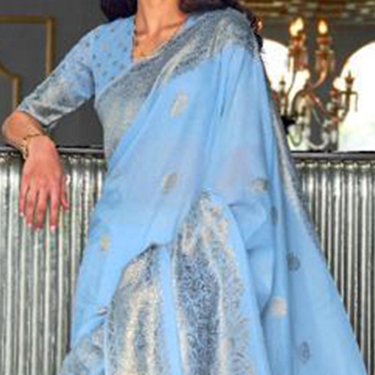 Entrancing Blue Coloured Partywear Pure Modal Woven Silk Saree - Peachmode
