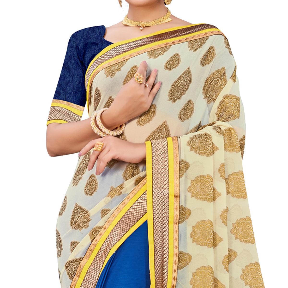 Entrancing Blue-Cream Colored party Wear Georgette Half-Half Saree - Peachmode