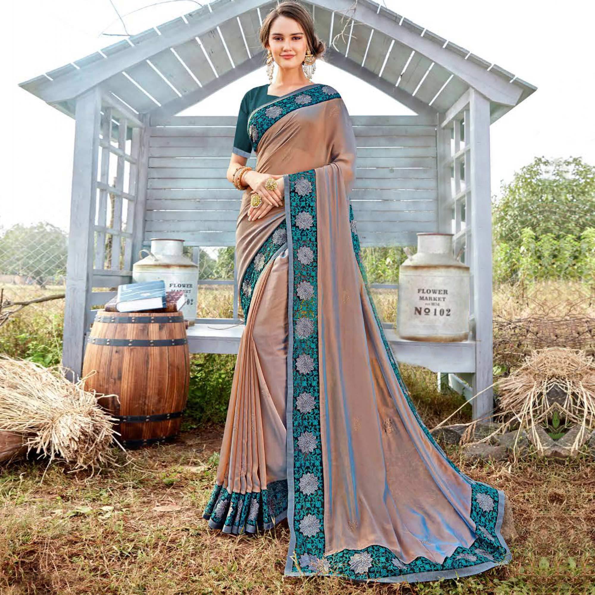 Entrancing Brown Colored Party Wear Embroidered Art Silk Saree - Peachmode