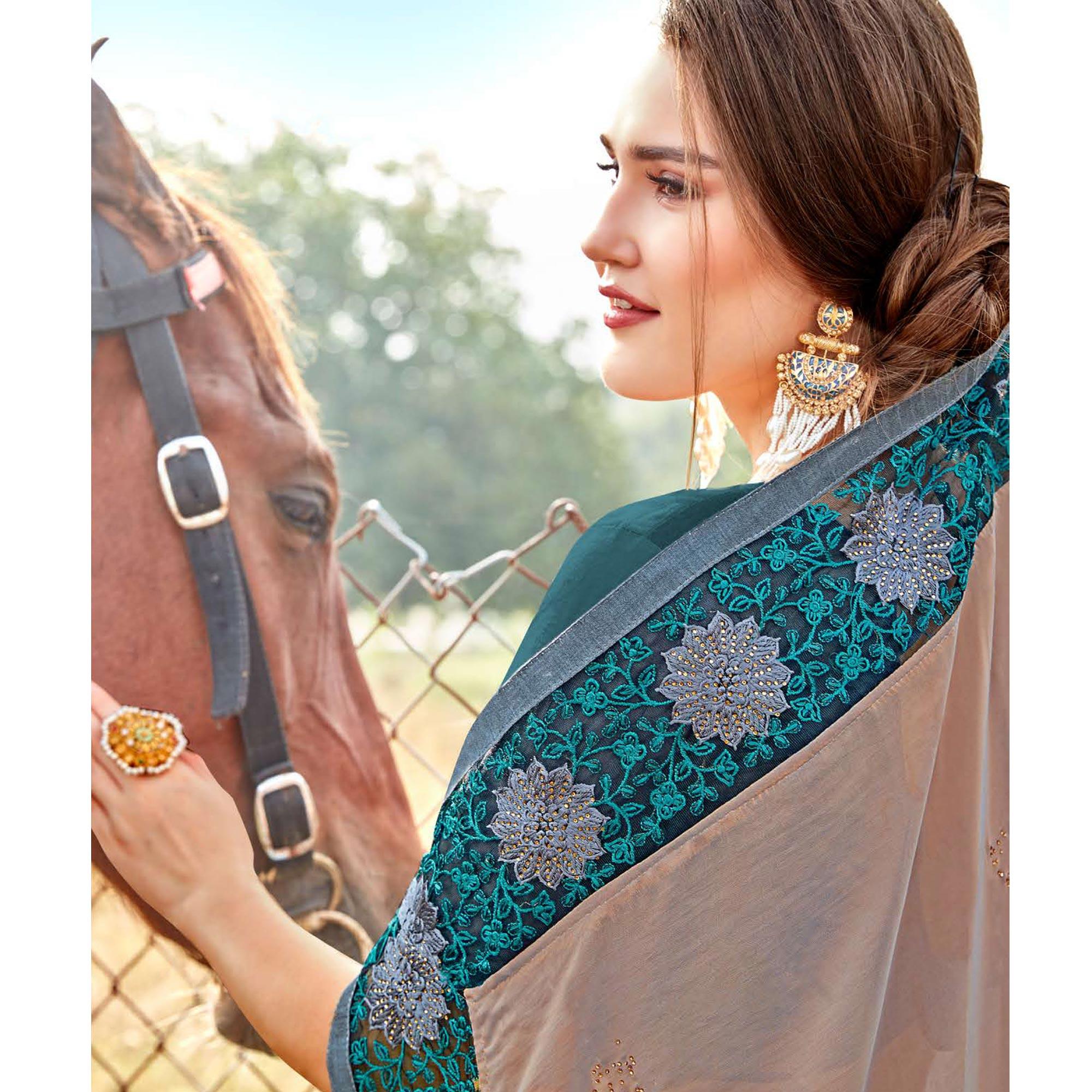 Entrancing Brown Colored Party Wear Embroidered Art Silk Saree - Peachmode