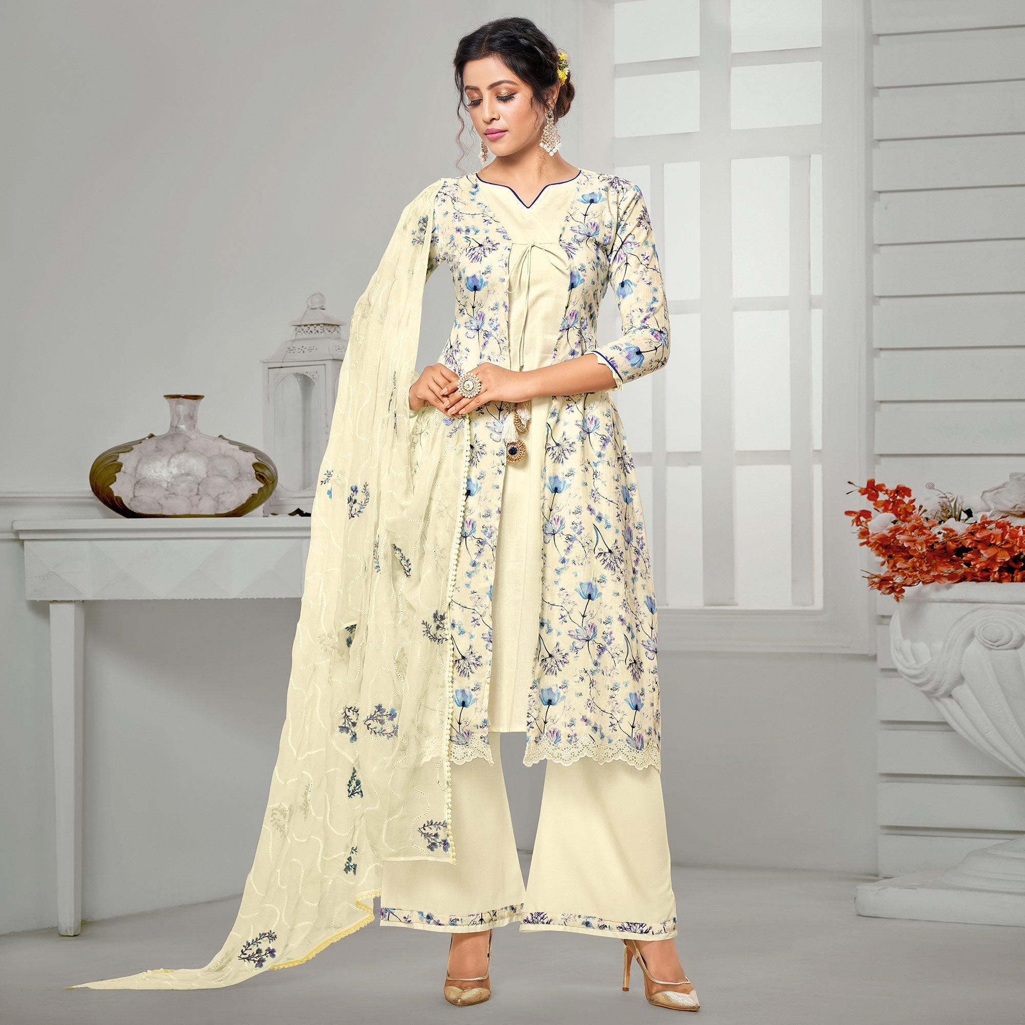 Entrancing Cream Colored Casual Wear Digital Printed Cotton Dress Material - Peachmode