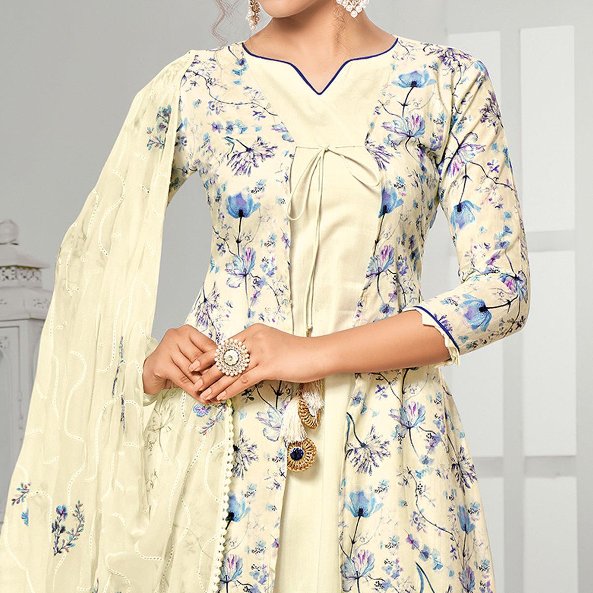 Entrancing Cream Colored Casual Wear Digital Printed Cotton Dress Material - Peachmode