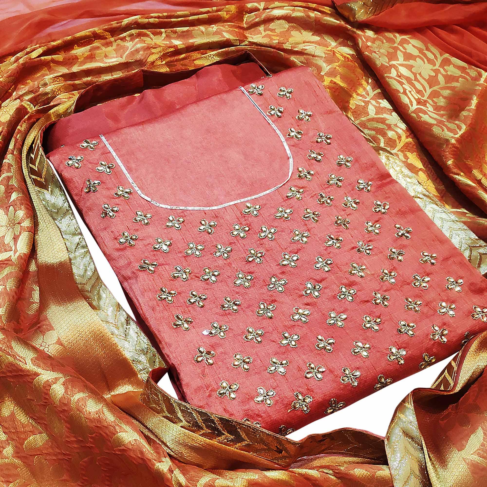 Entrancing Gajri Colored Casual Wear Embroidered Silk Dress Material With Banarasi Silk Dupatta - Peachmode