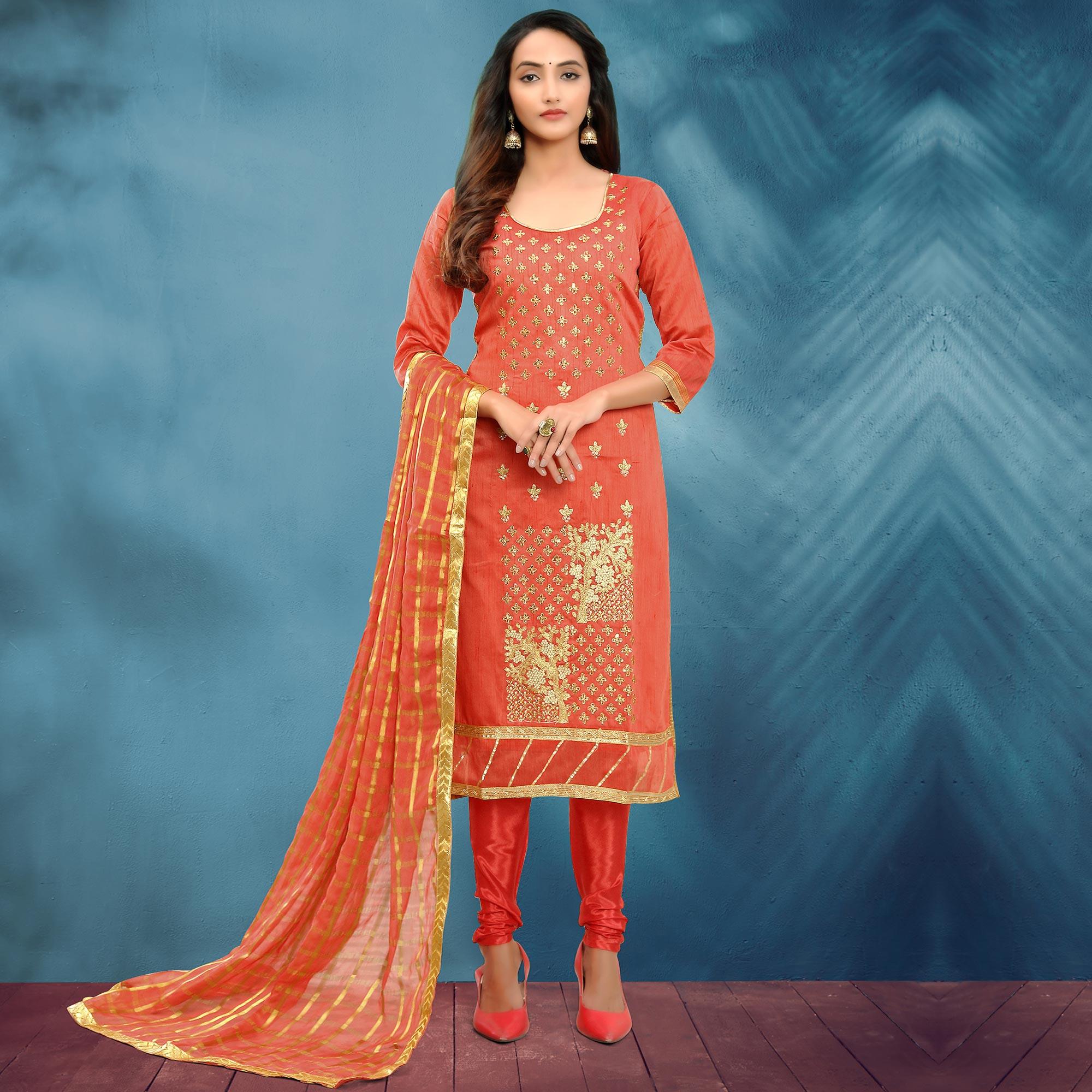 Entrancing Gajri Colored Casual Wear Embroidered Silk Dress Material With Banarasi Silk Dupatta - Peachmode