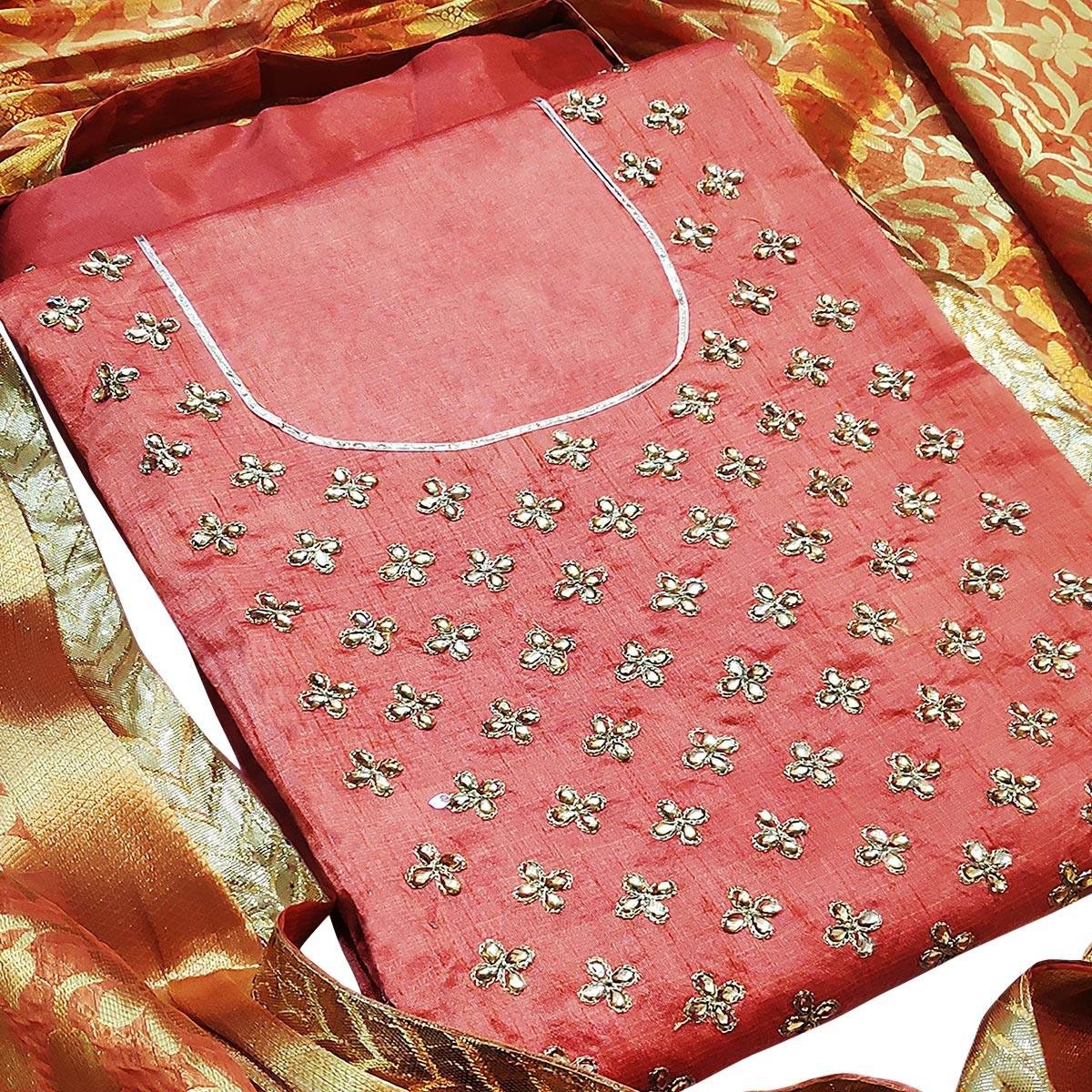 Entrancing Gajri Colored Casual Wear Embroidered Silk Dress Material With Banarasi Silk Dupatta - Peachmode