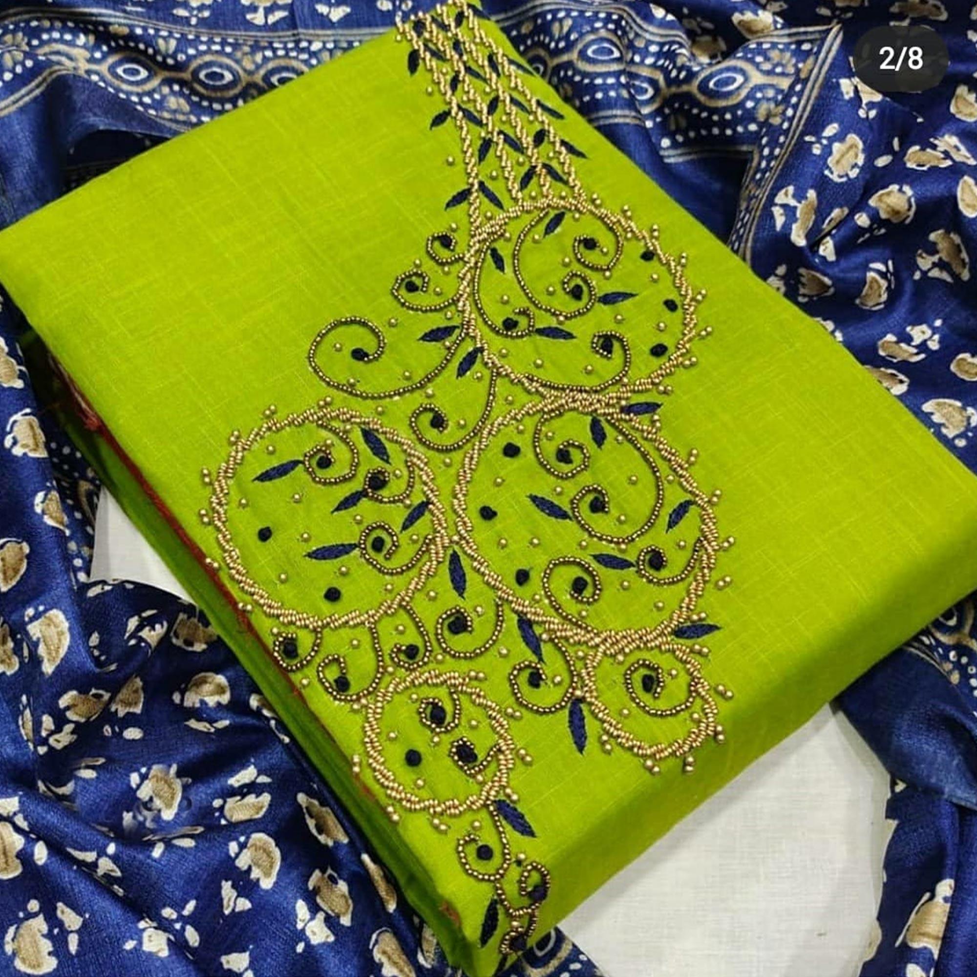 Entrancing Green Colored Casual Wear Embroidered Modal Chanderi Dress Material - Peachmode