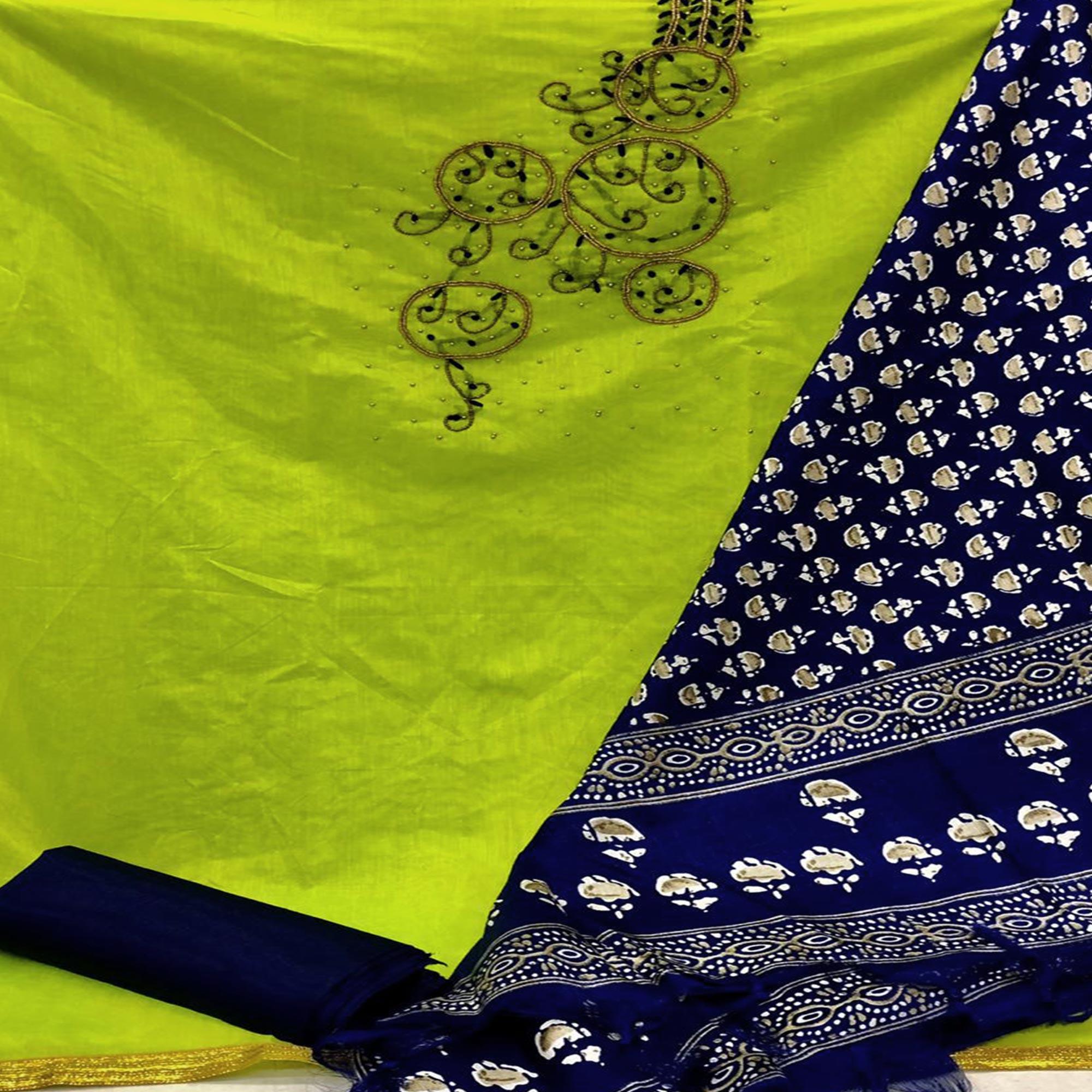 Entrancing Green Colored Casual Wear Embroidered Modal Chanderi Dress Material - Peachmode