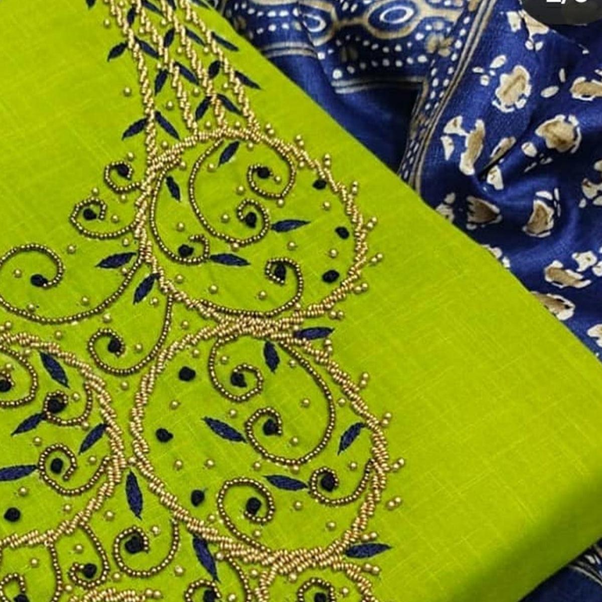 Entrancing Green Colored Casual Wear Embroidered Modal Chanderi Dress Material - Peachmode