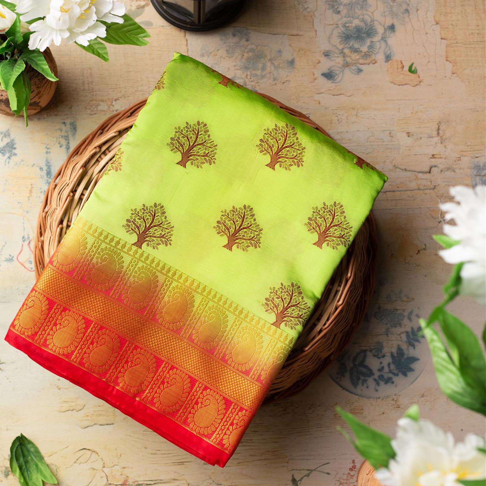 Entrancing Green Colored Festive Wear Woven Art Silk Saree - Peachmode