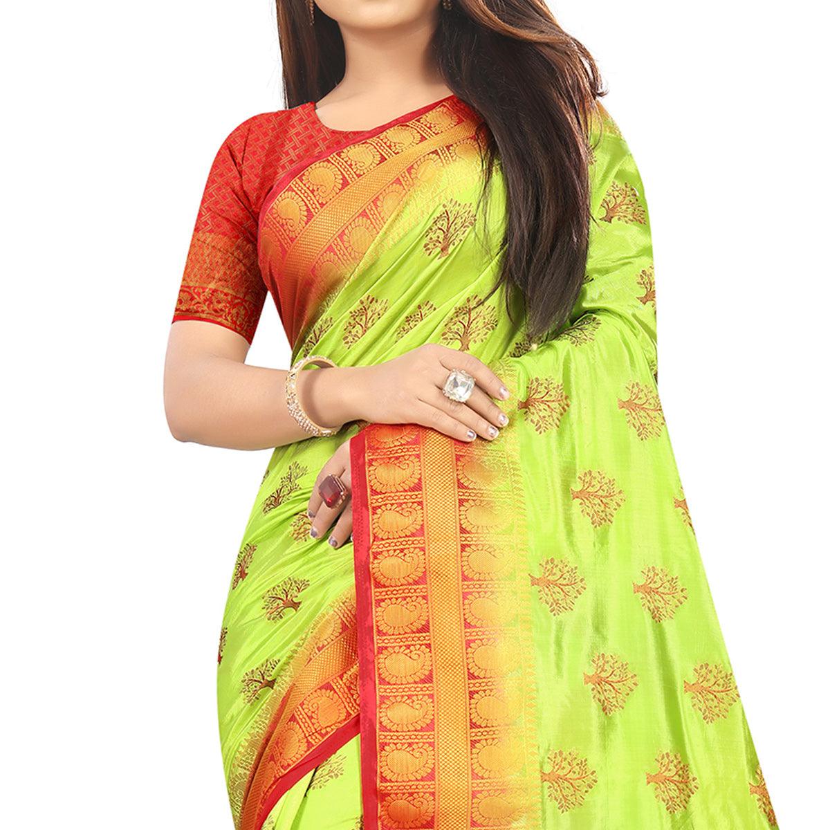 Entrancing Green Colored Festive Wear Woven Art Silk Saree - Peachmode