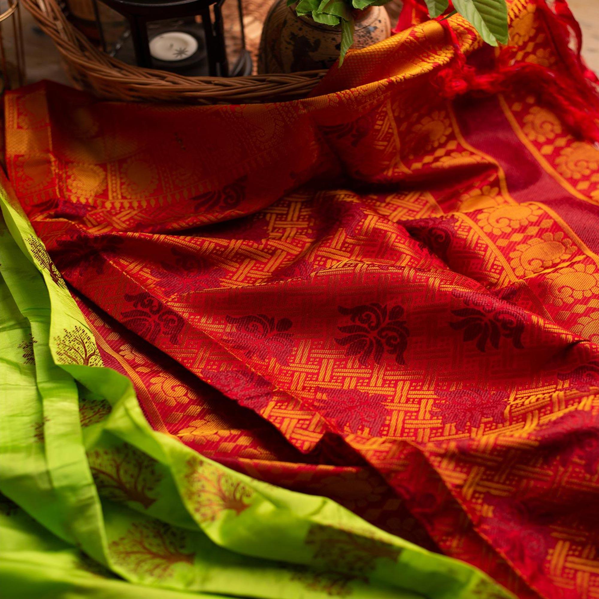 Entrancing Green Colored Festive Wear Woven Art Silk Saree - Peachmode