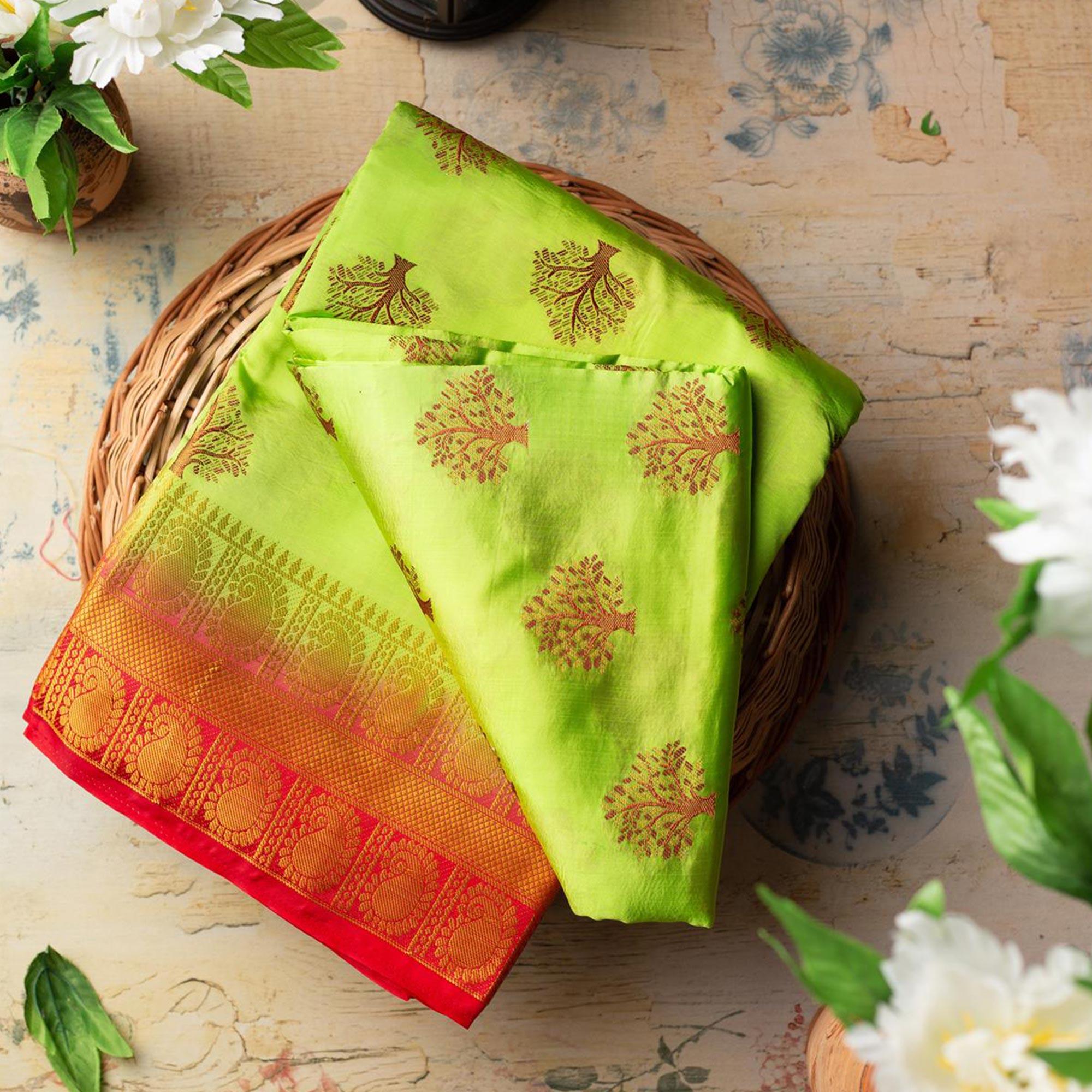 Entrancing Green Colored Festive Wear Woven Art Silk Saree - Peachmode
