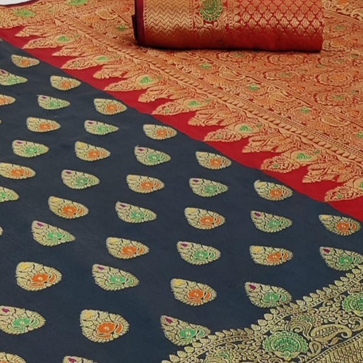 Entrancing Grey Colored Festive Wear Woven Silk Saree - Peachmode