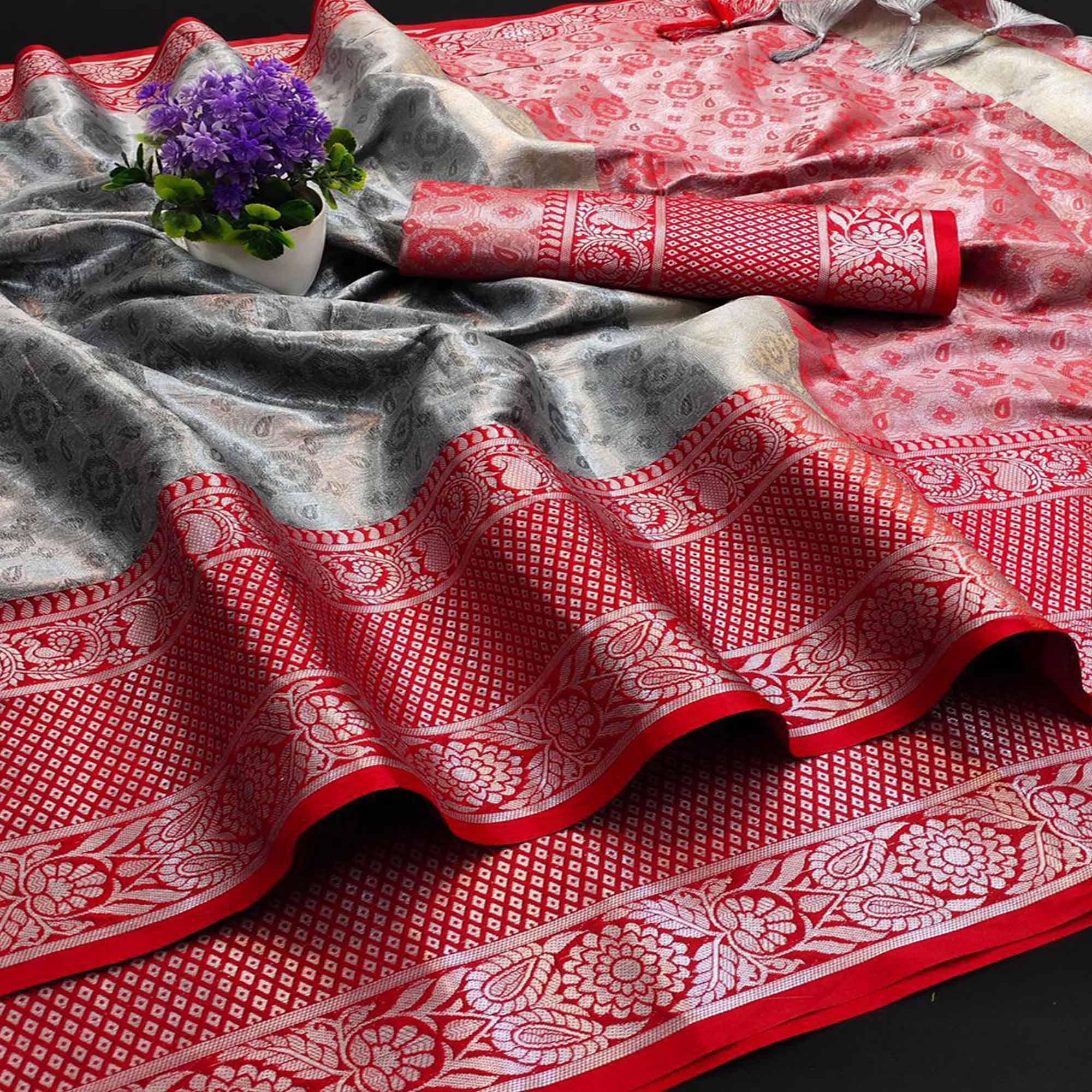 Entrancing Grey - Red Colored Festive Wear Woven Cotton Silk Saree - Peachmode