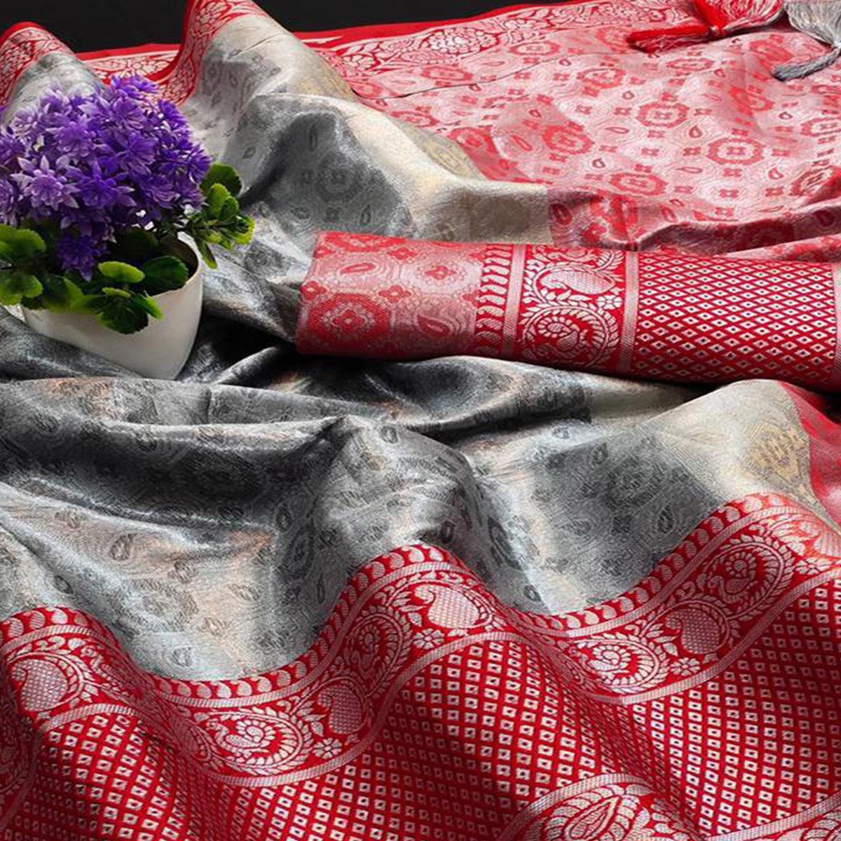 Entrancing Grey - Red Colored Festive Wear Woven Cotton Silk Saree - Peachmode
